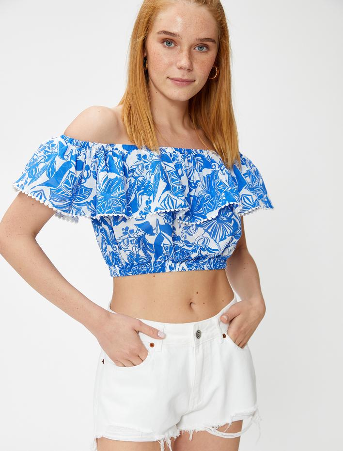  Crop Omzu Açık Bluz Madonna Yaka Fırfırlı