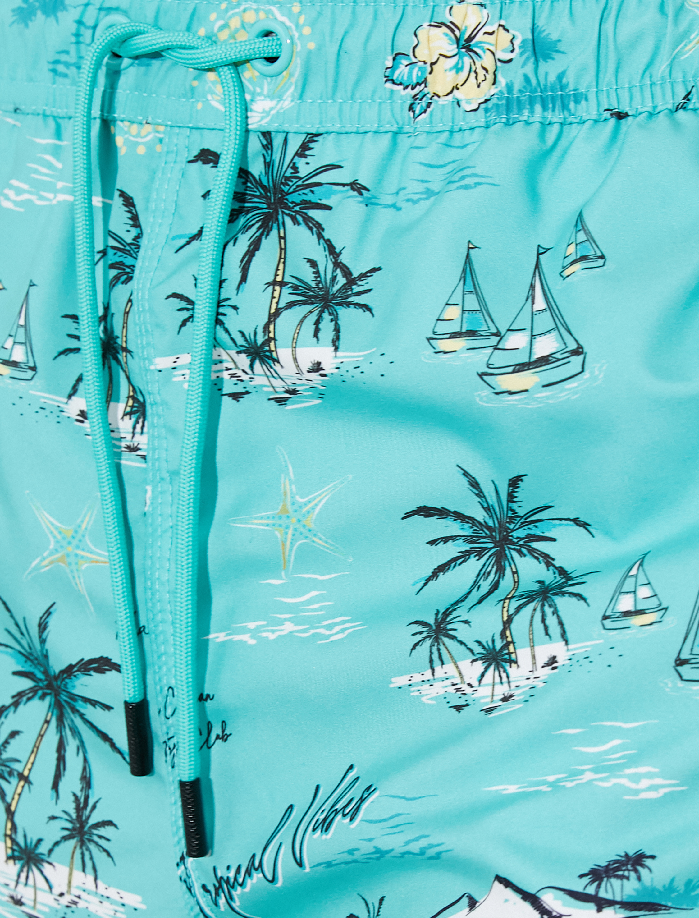 Kısa Deniz Şortu Yaz Temalı Beli Bağcıklı Cepli