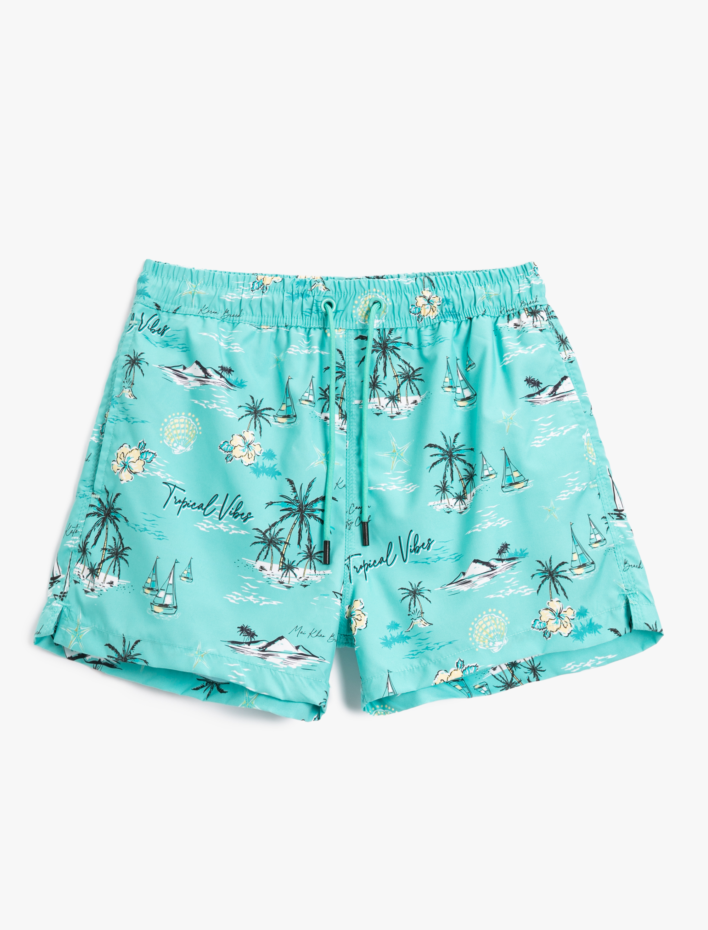 Kısa Deniz Şortu Yaz Temalı Beli Bağcıklı Cepli