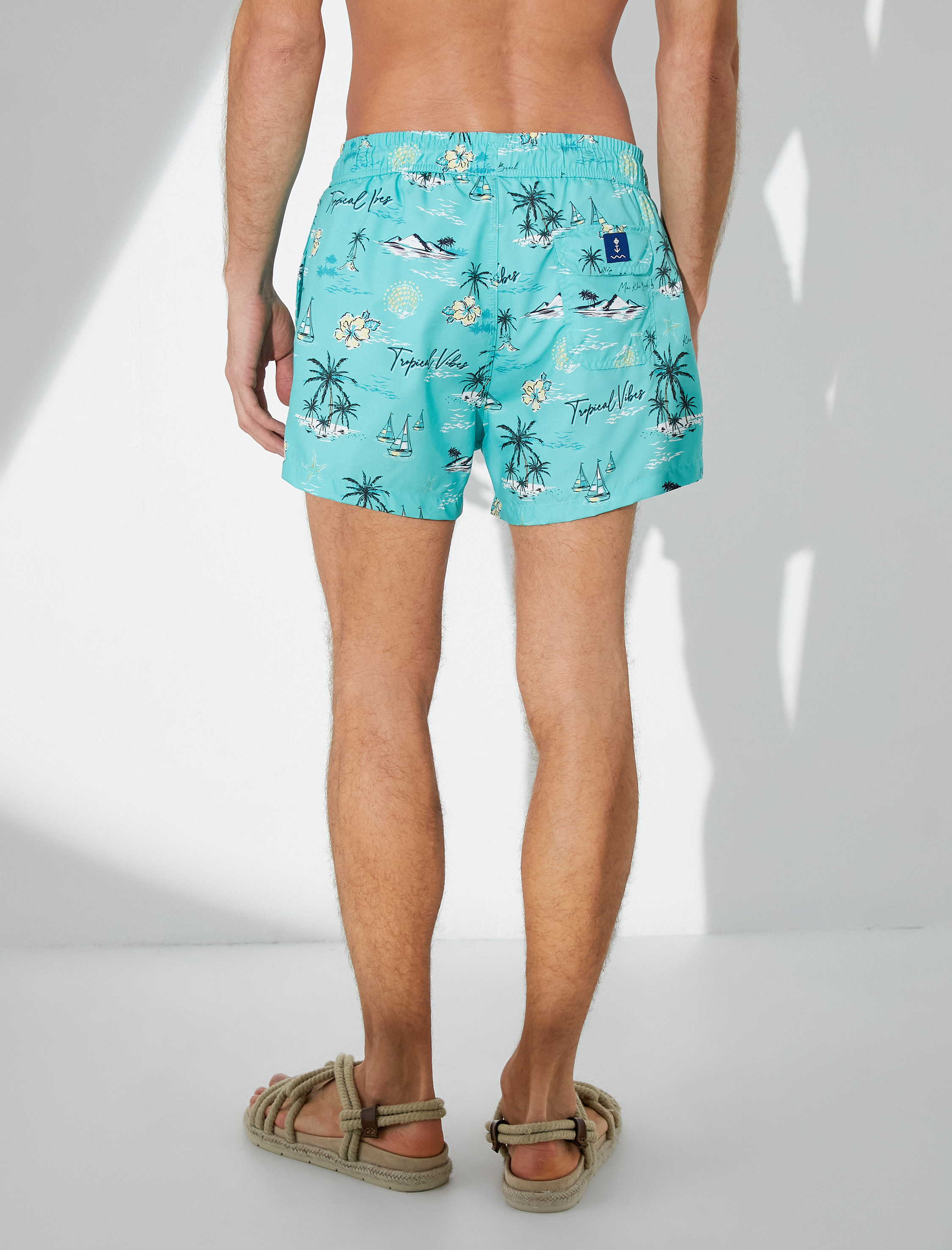 Kısa Deniz Şortu Yaz Temalı Beli Bağcıklı Cepli