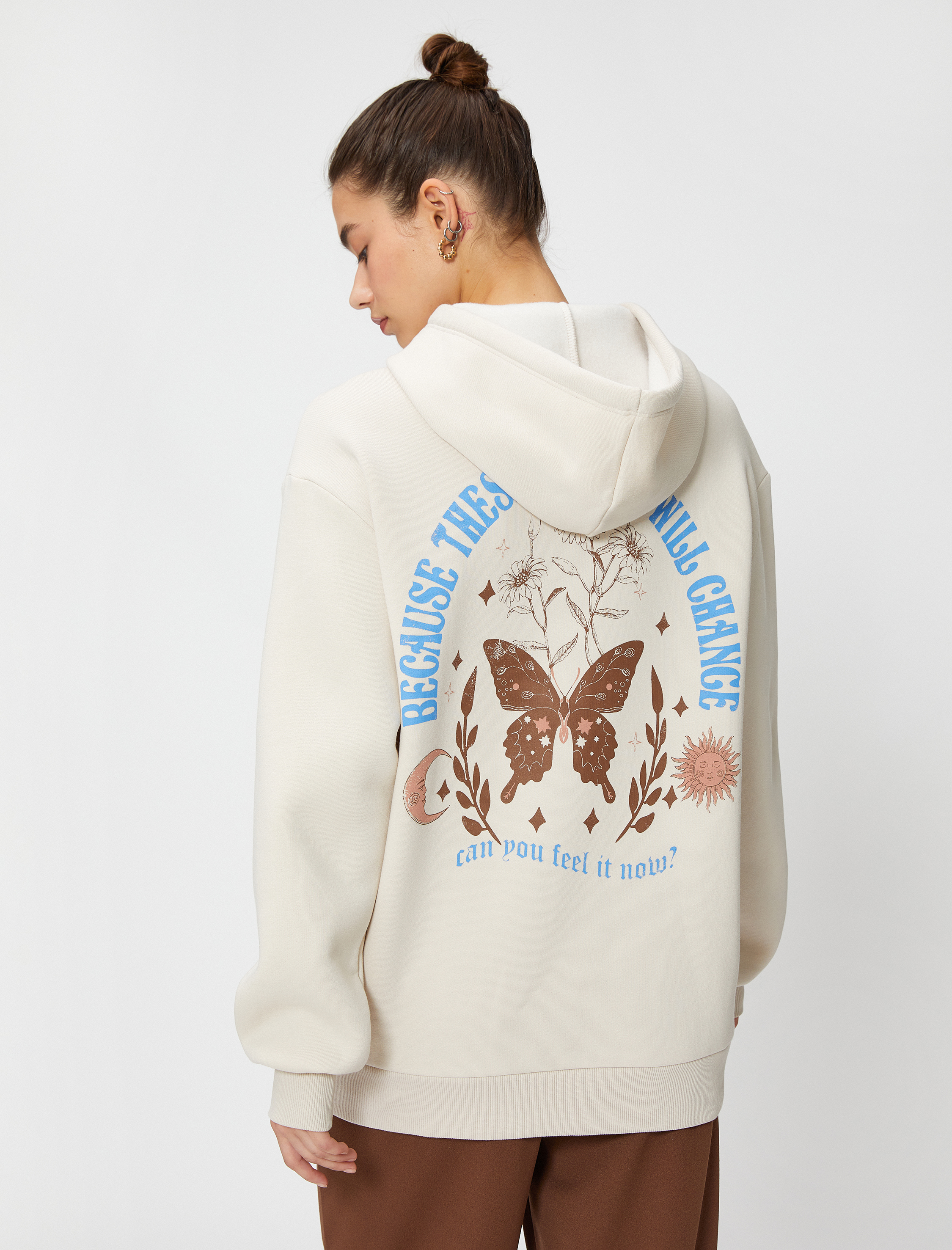   Şardonlu Oversize Sweatshirt Kapüşonlu Sırt Baskılı Kanguru Cepli