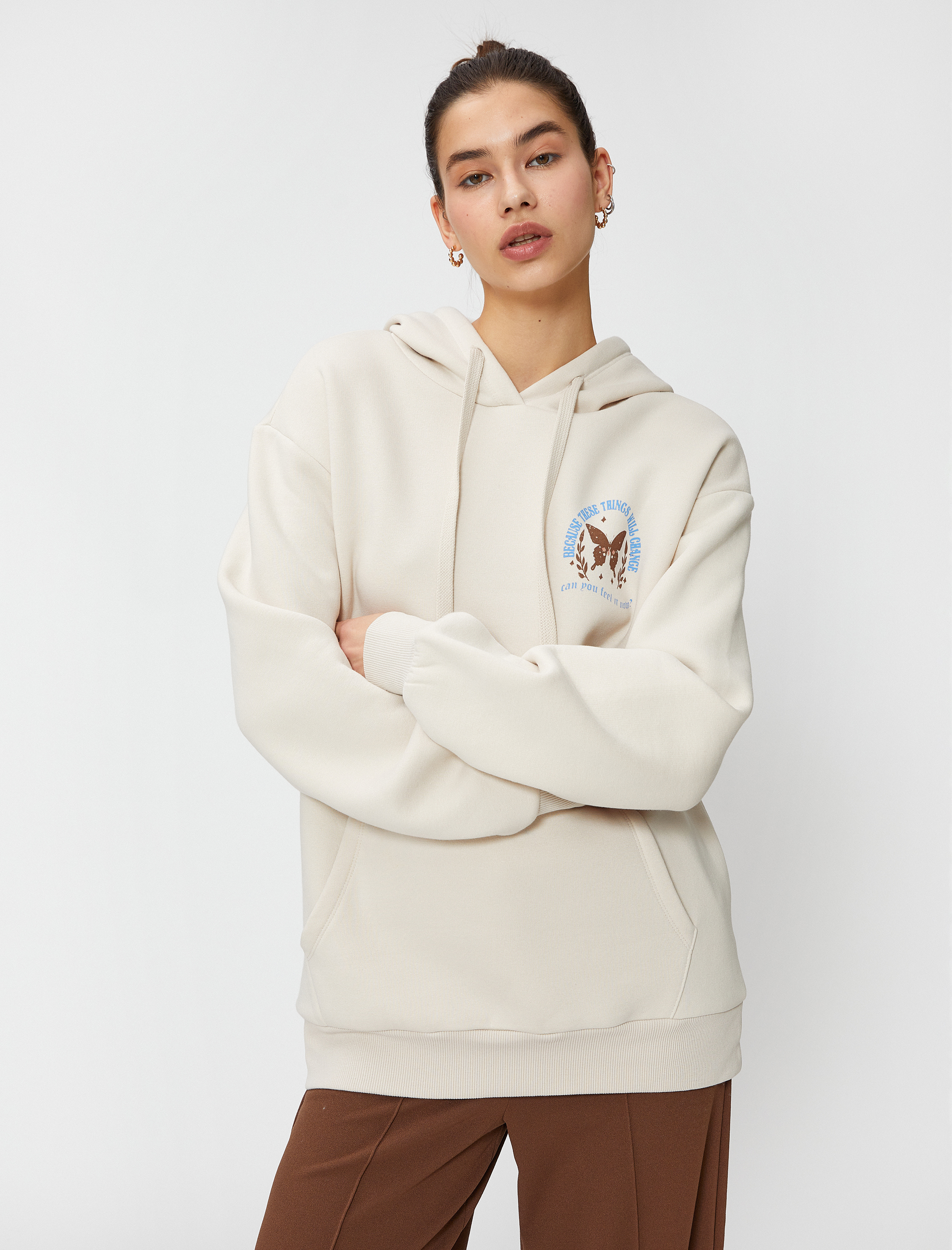   Şardonlu Oversize Sweatshirt Kapüşonlu Sırt Baskılı Kanguru Cepli