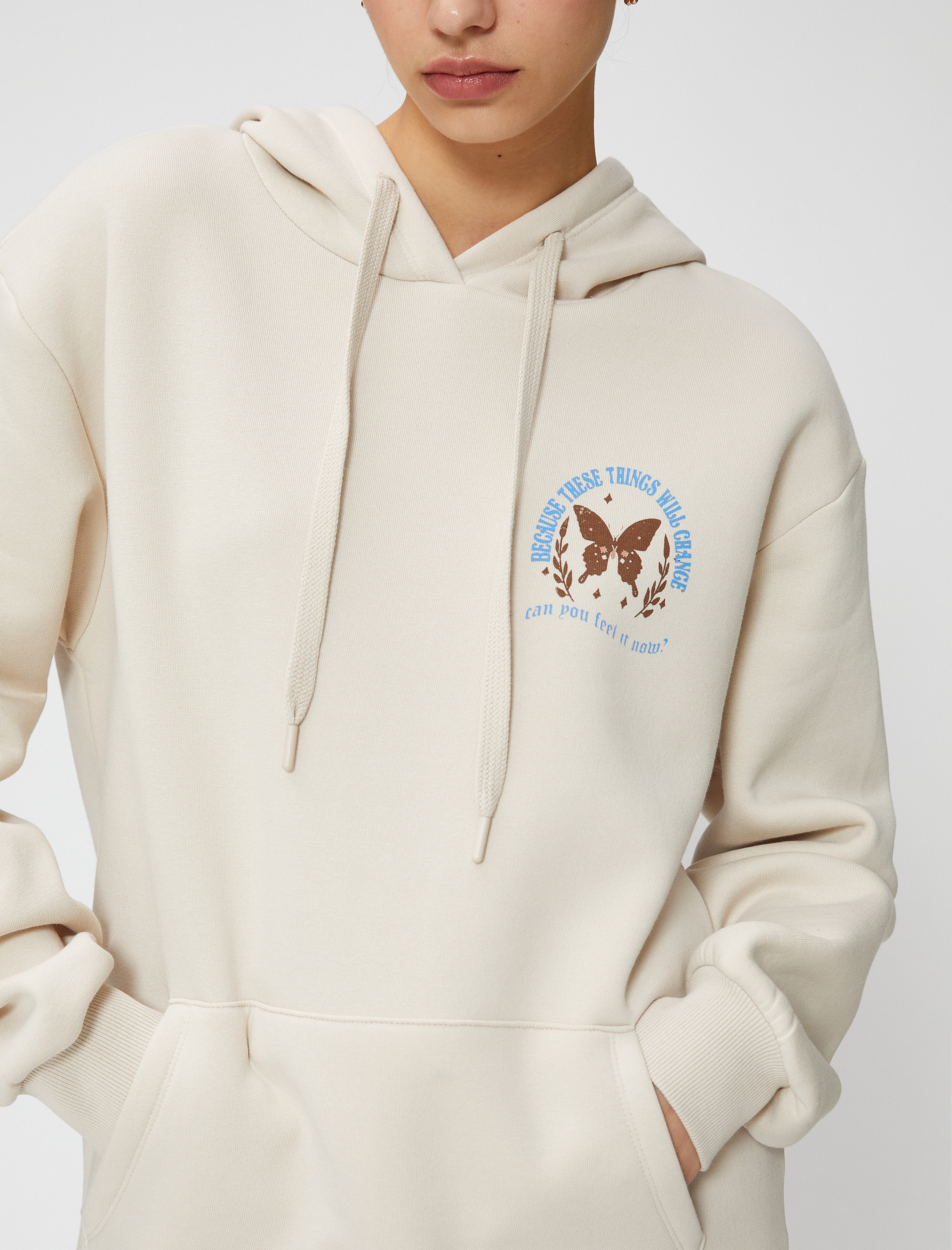   Şardonlu Oversize Sweatshirt Kapüşonlu Sırt Baskılı Kanguru Cepli