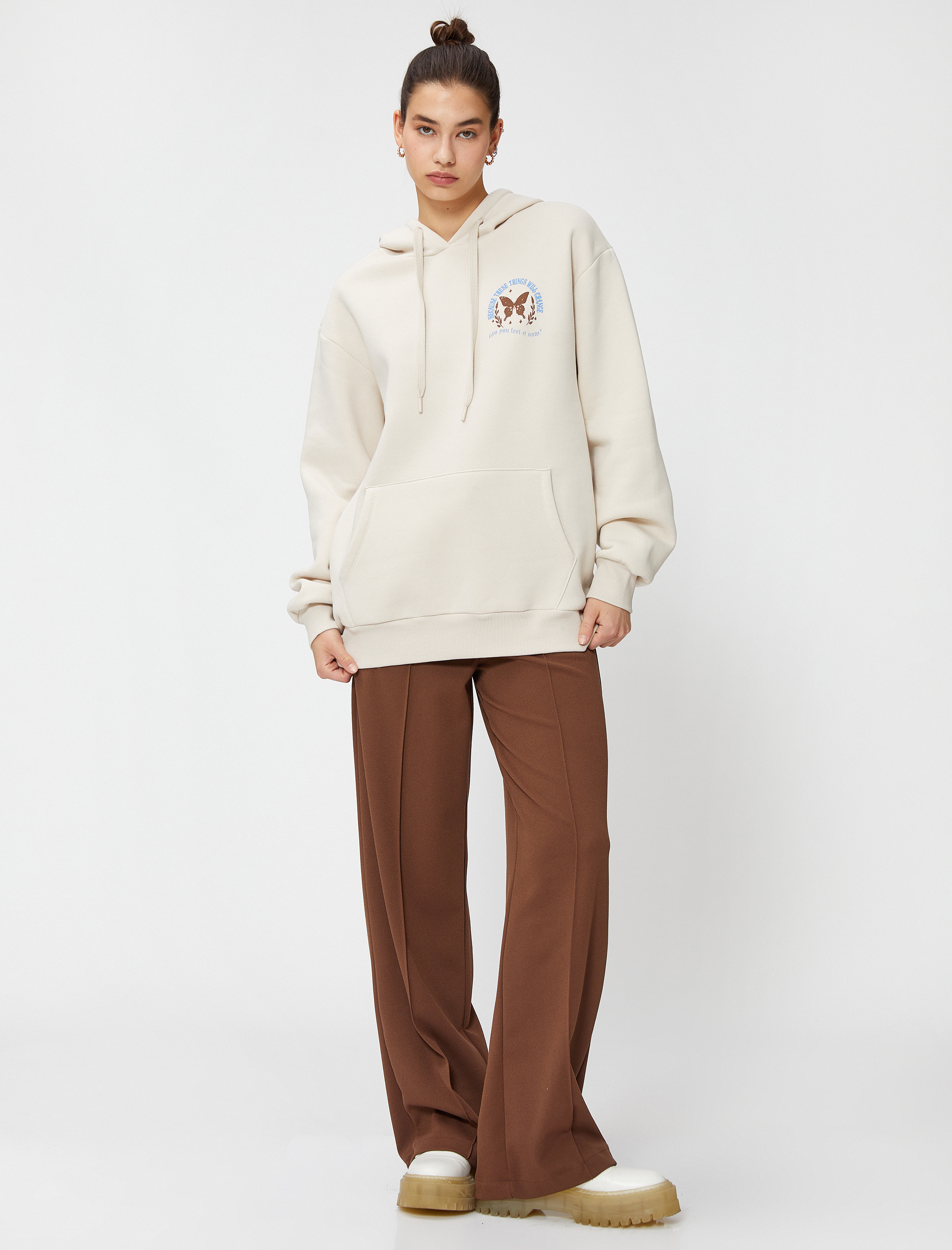   Şardonlu Oversize Sweatshirt Kapüşonlu Sırt Baskılı Kanguru Cepli