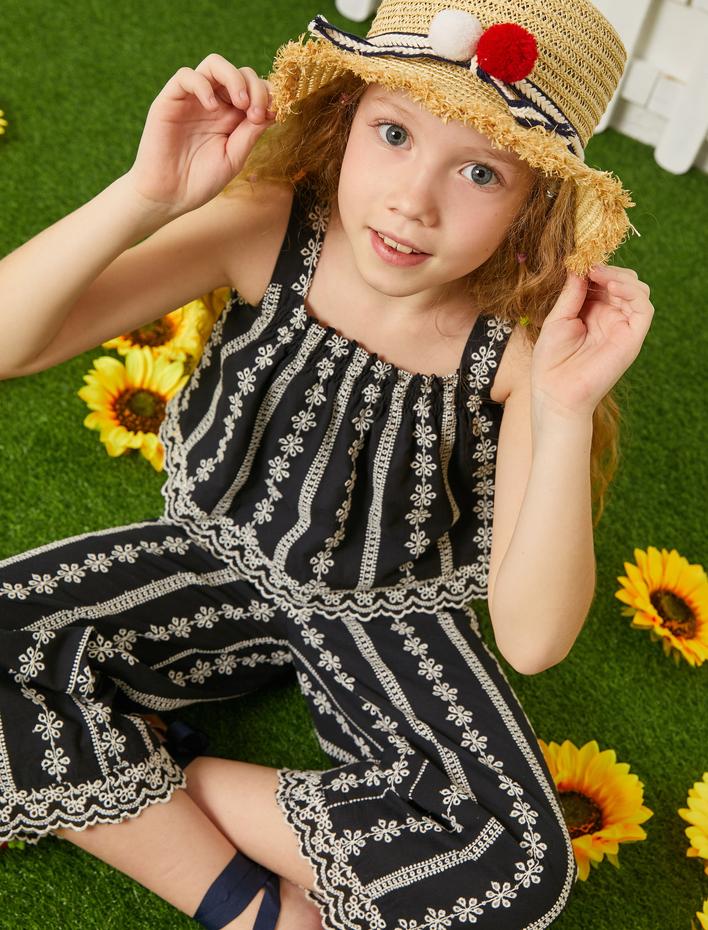 Kız Çocuk Bol Paça Pantolon Çiçek İşlemeli Beli Lastikli