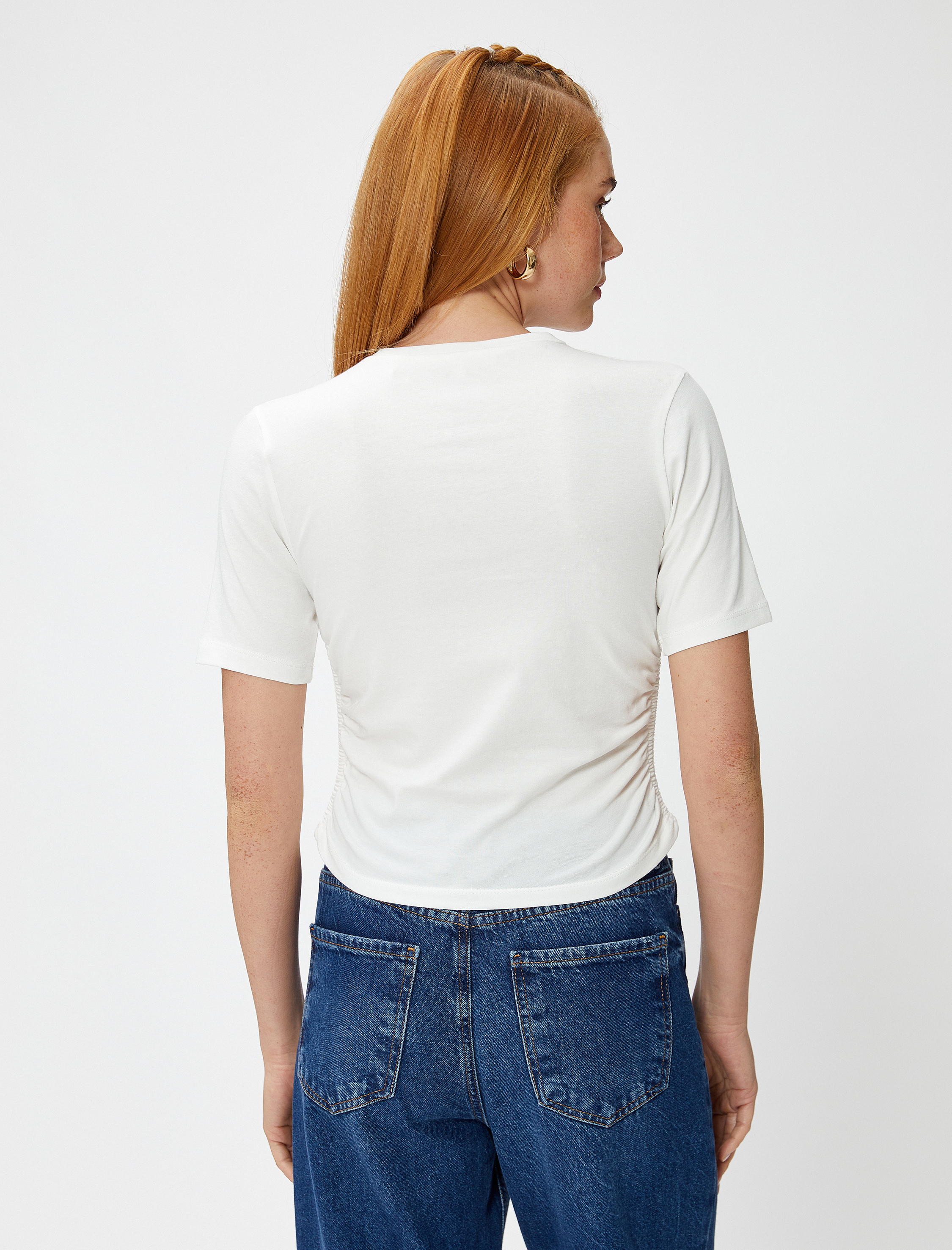   Crop Tişört Yanları Büzgülü Kısa Kollu