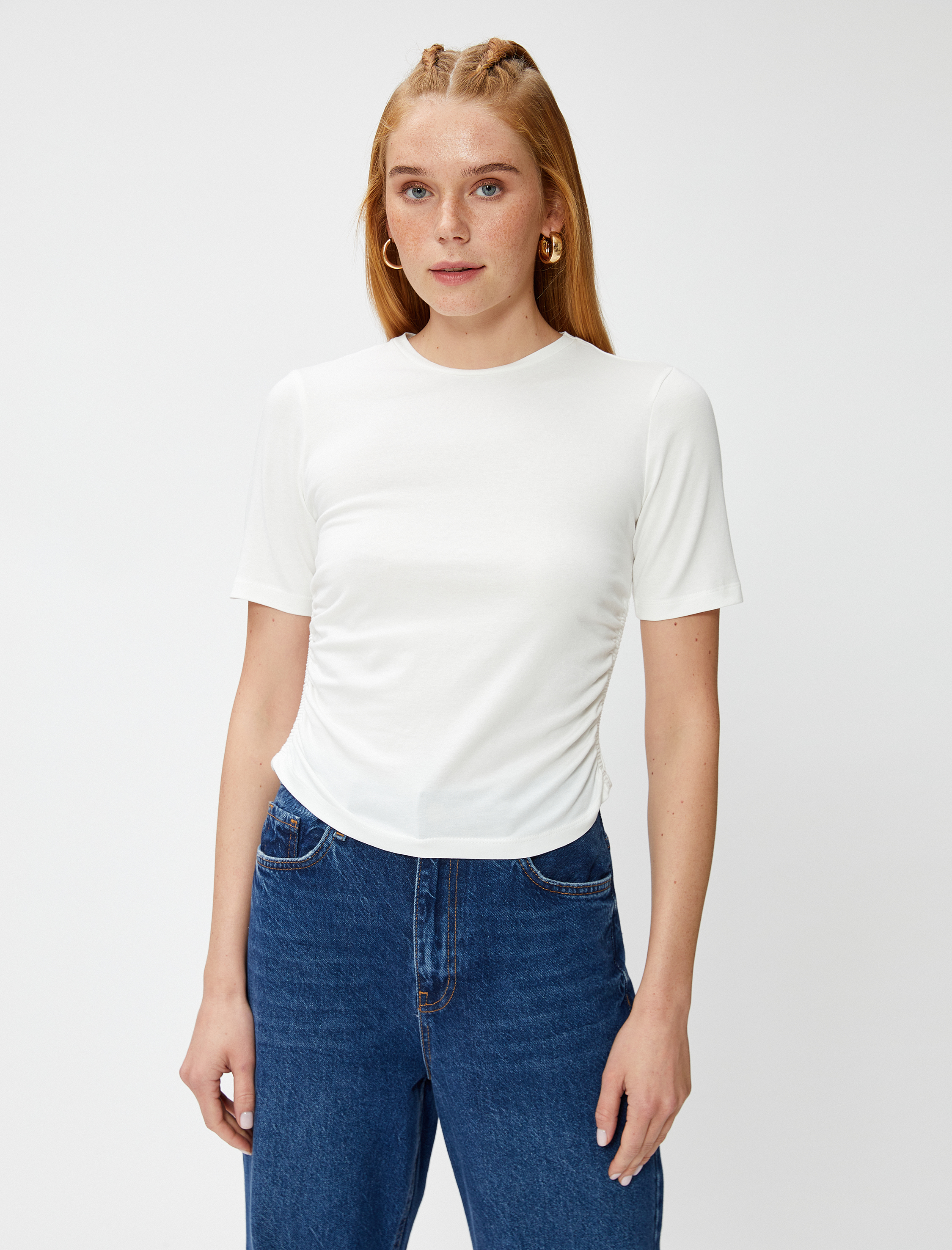   Crop Tişört Yanları Büzgülü Kısa Kollu