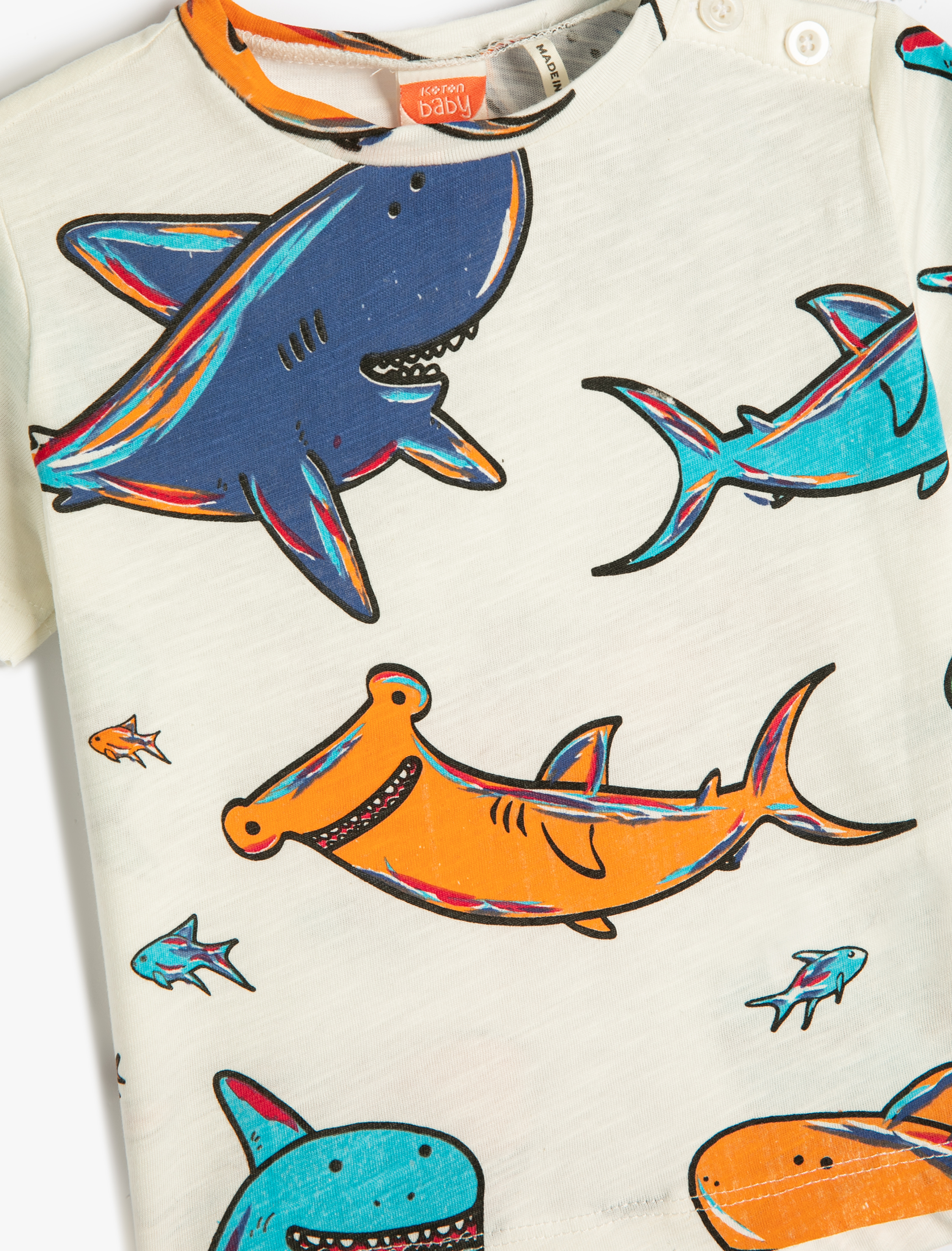  Erkek Bebek Tişört Kısa Kollu Bisiklet Yaka Köpek Balığı Baskılı Pamuklu