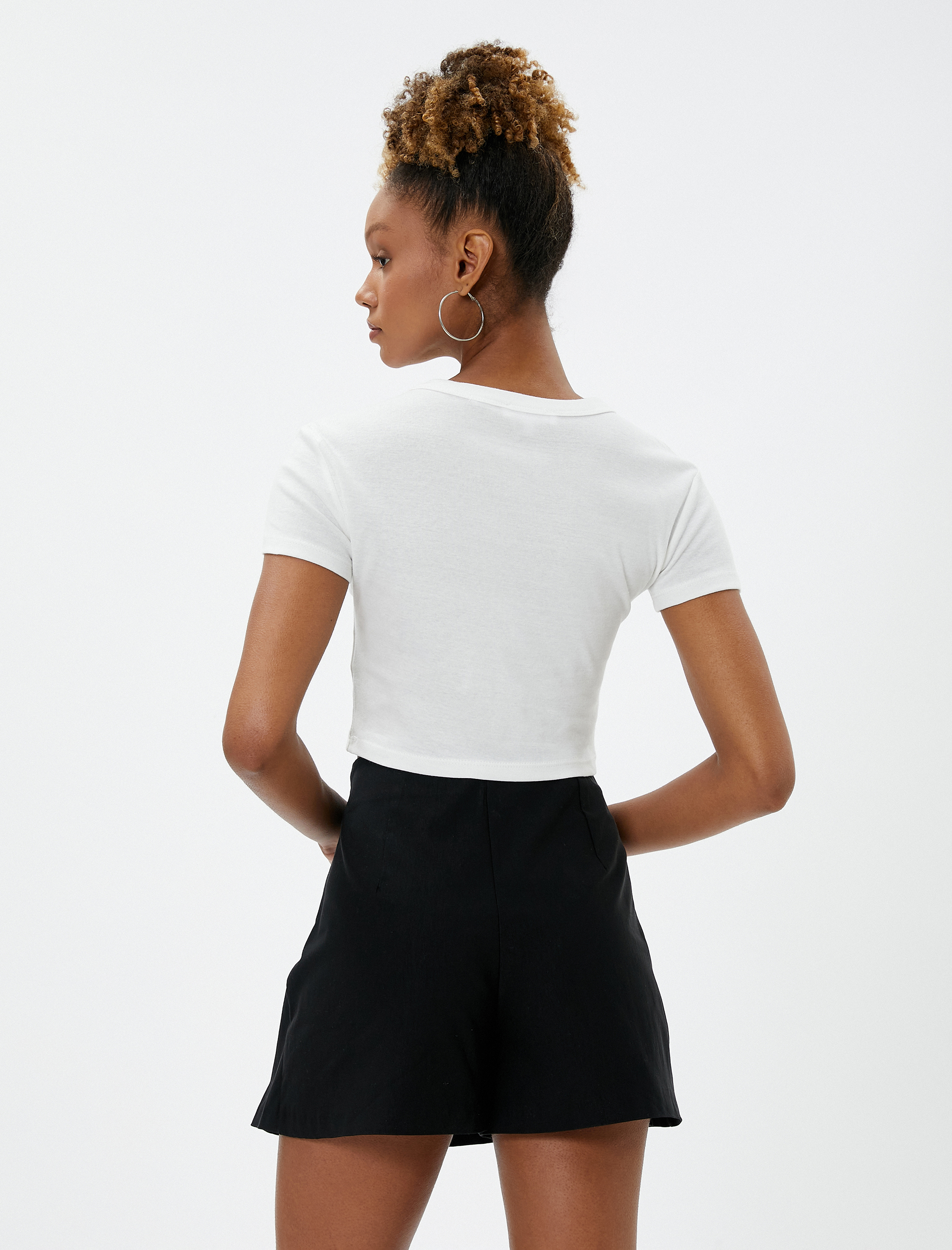   Crop Tişört Baskılı Bisiklet Yaka Kısa Kollu