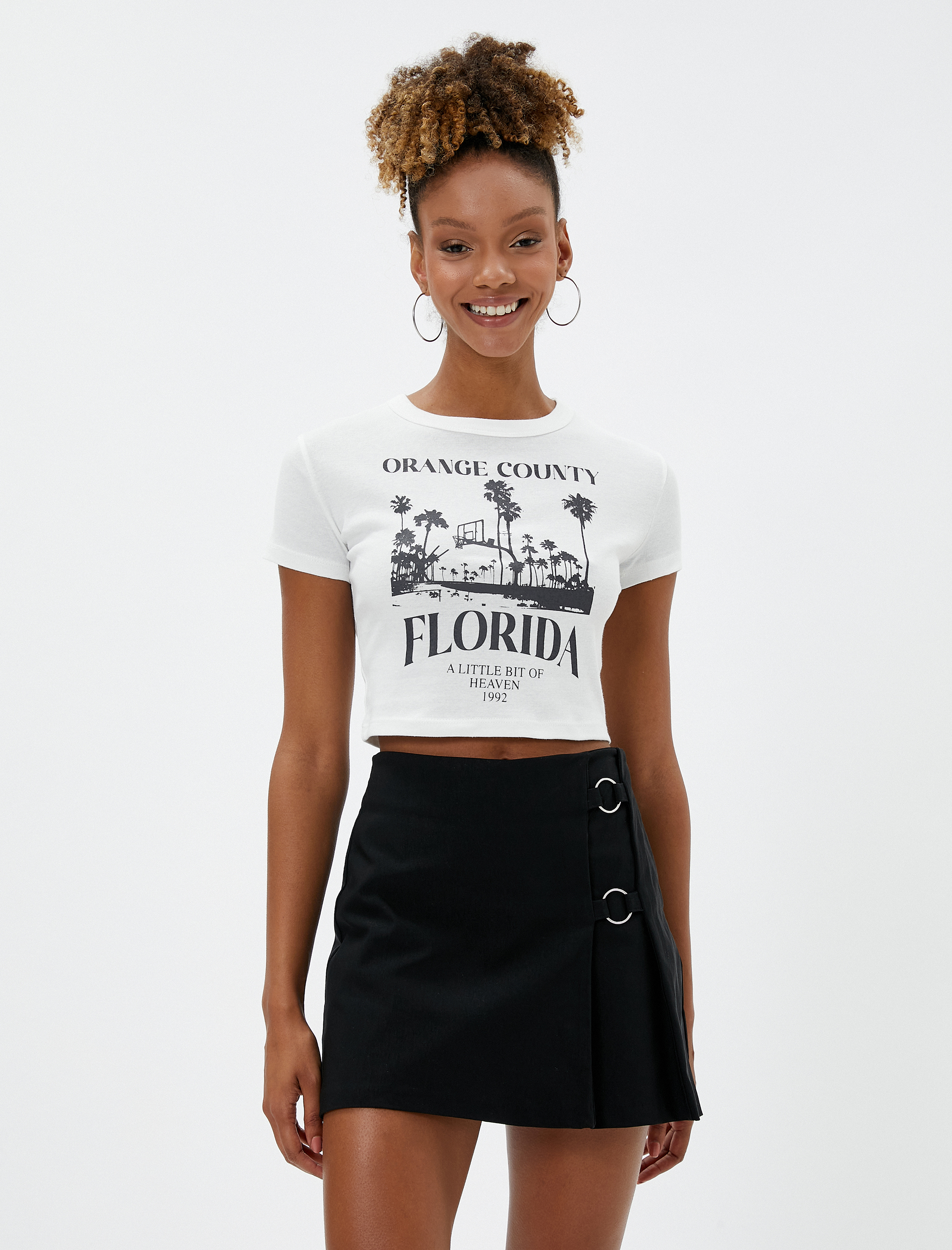   Crop Tişört Baskılı Bisiklet Yaka Kısa Kollu