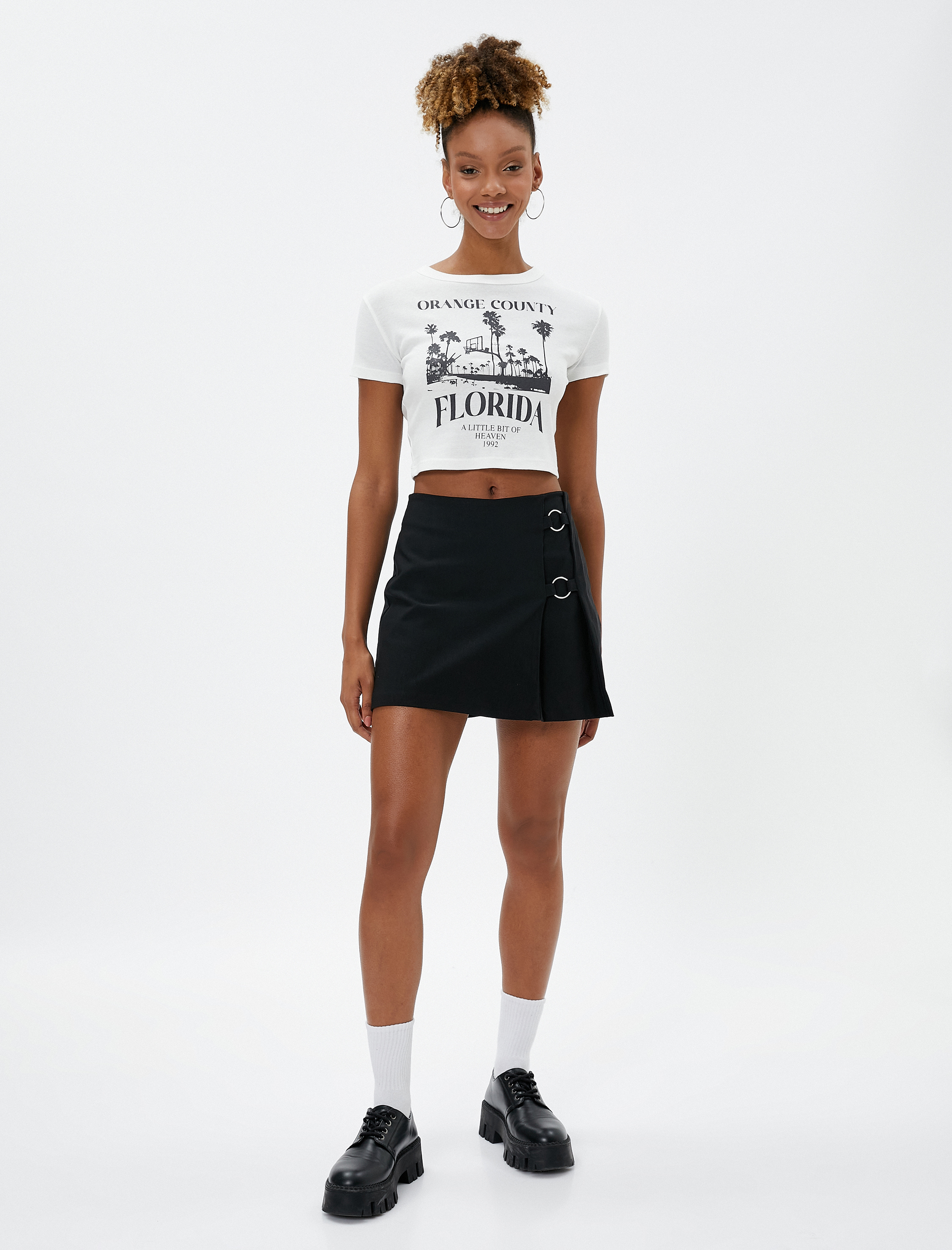   Crop Tişört Baskılı Bisiklet Yaka Kısa Kollu