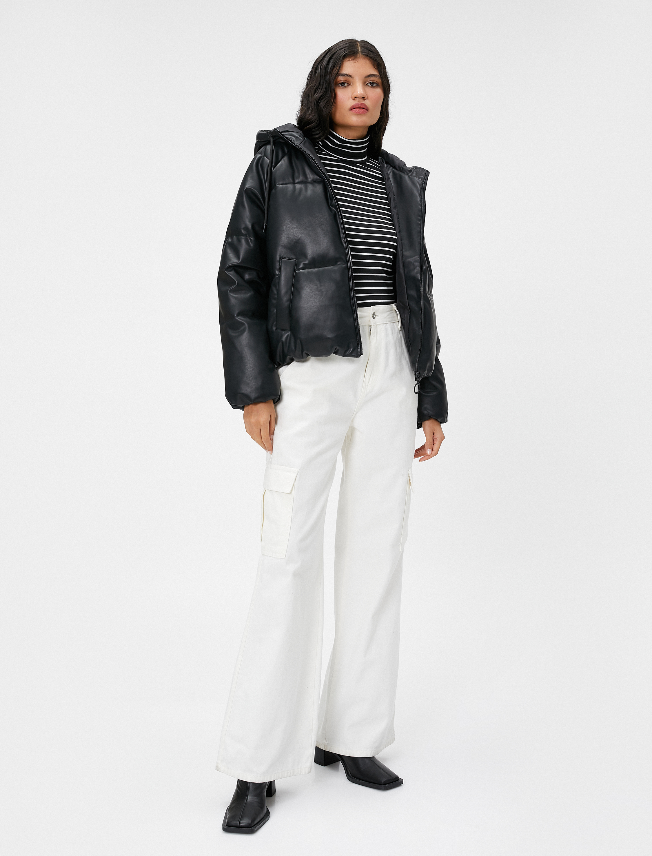 Şişme Mont Suni Deri Kapüşonlu