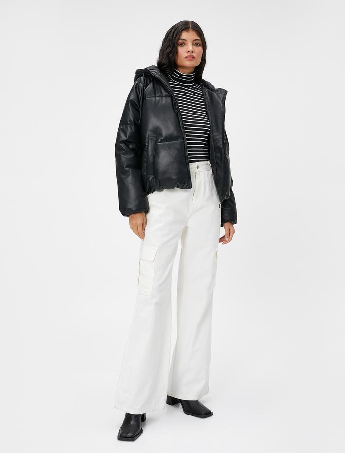  Şişme Mont Suni Deri Kapüşonlu