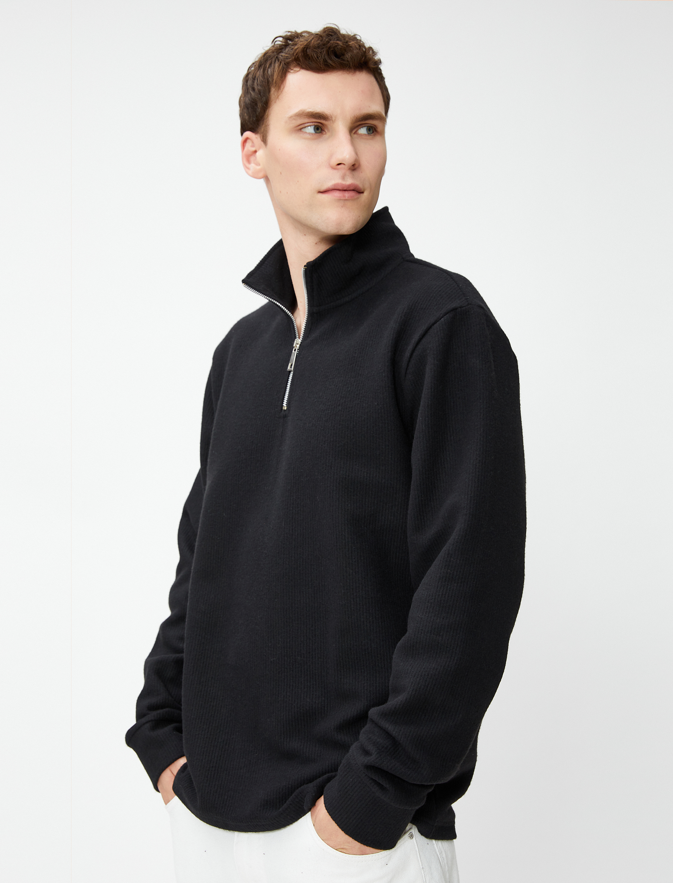   Yarım Fermuarlı Kazak Dik Yaka Dokulu Uzun Kollu