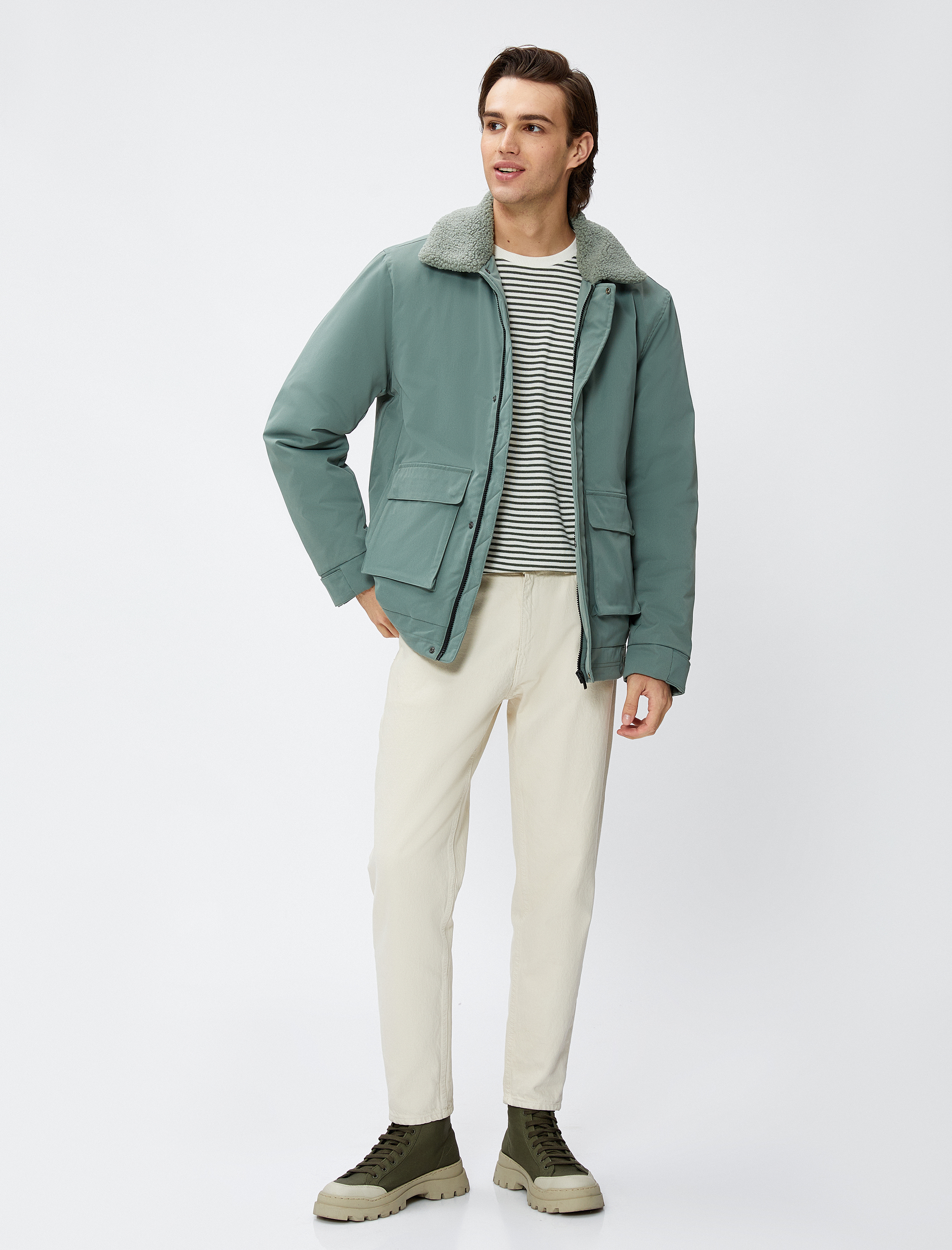   Cep Detaylı Ceket Fermuarlı Peluş Yakalı