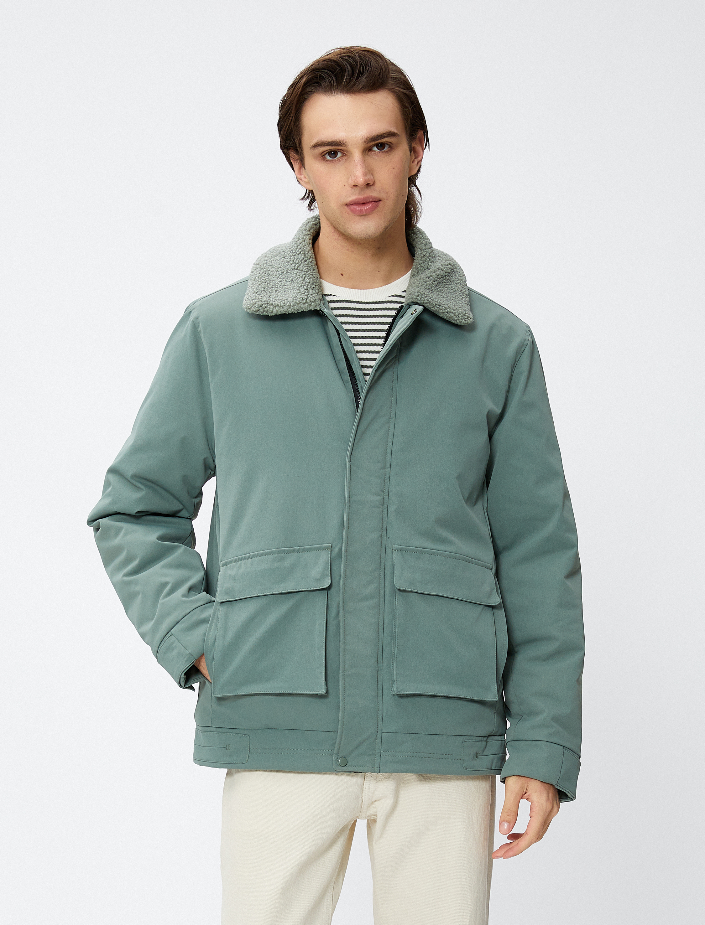   Cep Detaylı Ceket Fermuarlı Peluş Yakalı