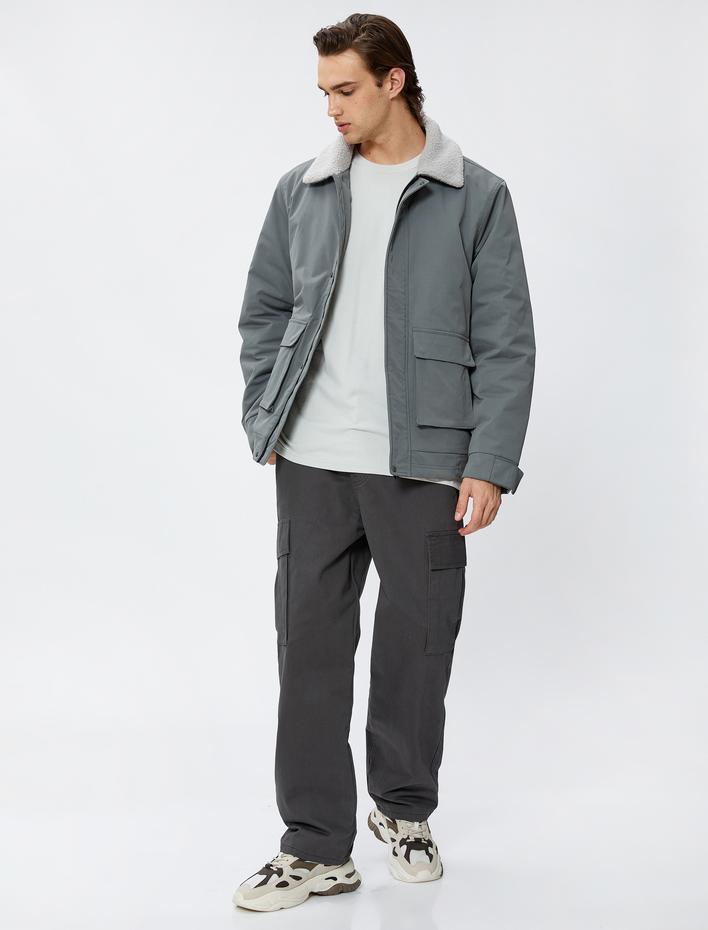  Cep Detaylı Ceket Fermuarlı Peluş Yakalı