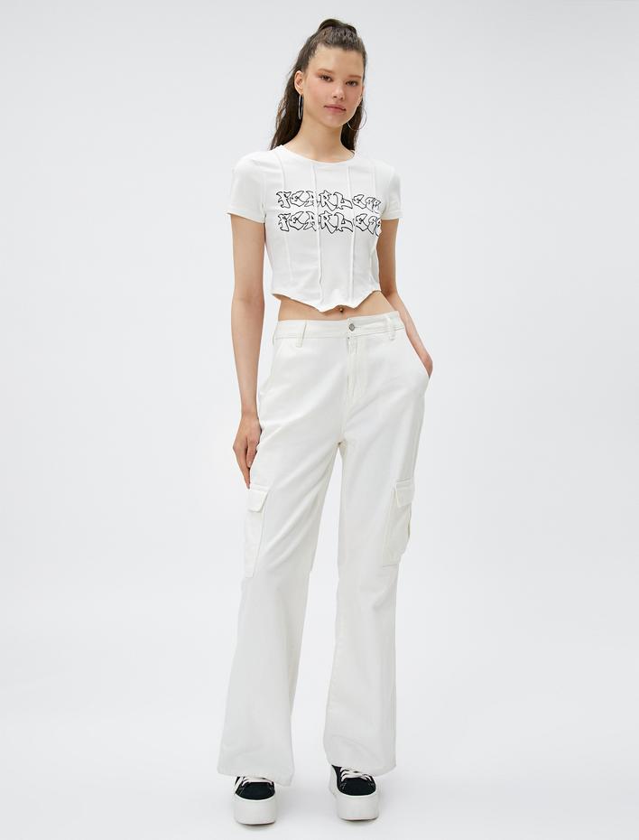  Crop Tişört Slogan Baskılı Korse Detaylı Bisiklet Yaka