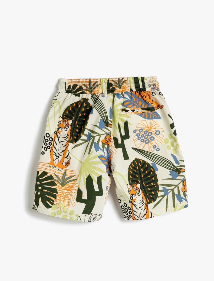 Erkek Çocuk Şort Beli Bağlamalı Kaplan Baskılı Floral Desenli Pamuklu