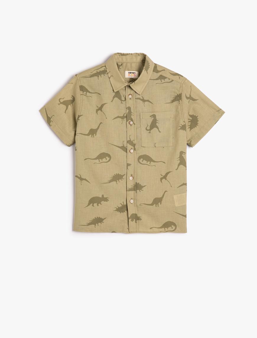 Yeşil Erkek Çocuk Gömlek Kısa Kollu Dinozor Desenli Pamuklu