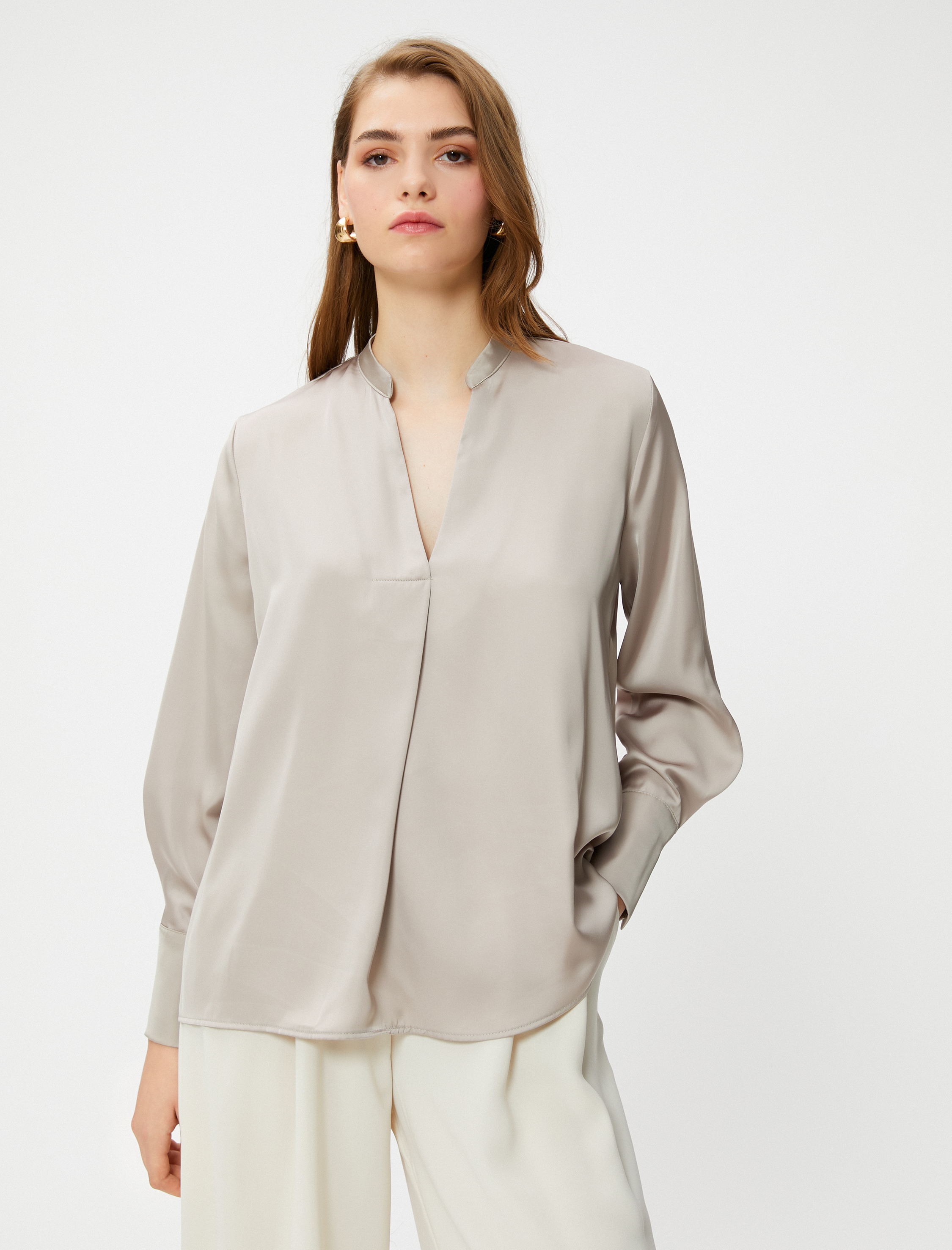   Saten Bluz Hakim Yaka Uzun Kollu