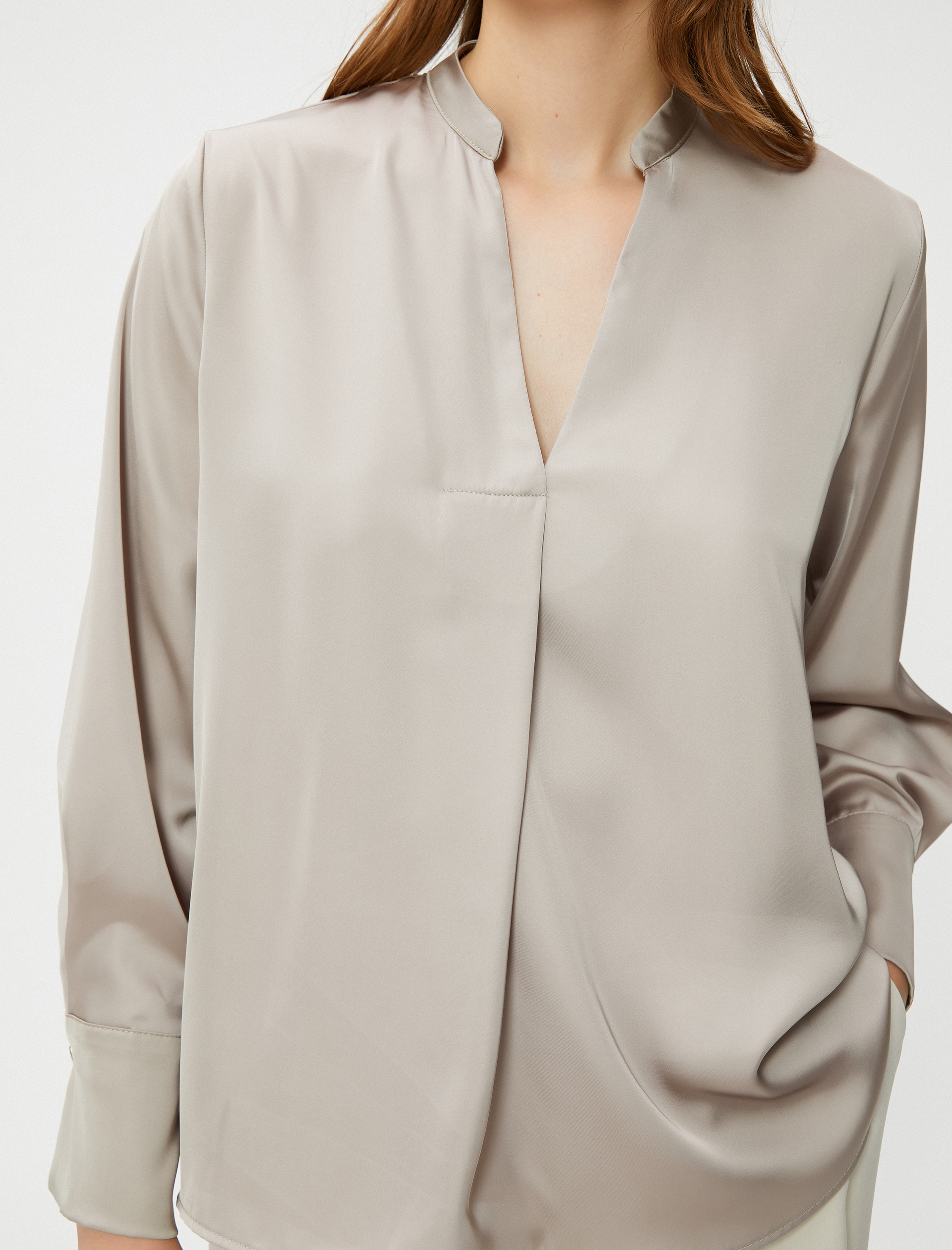   Saten Bluz Hakim Yaka Uzun Kollu