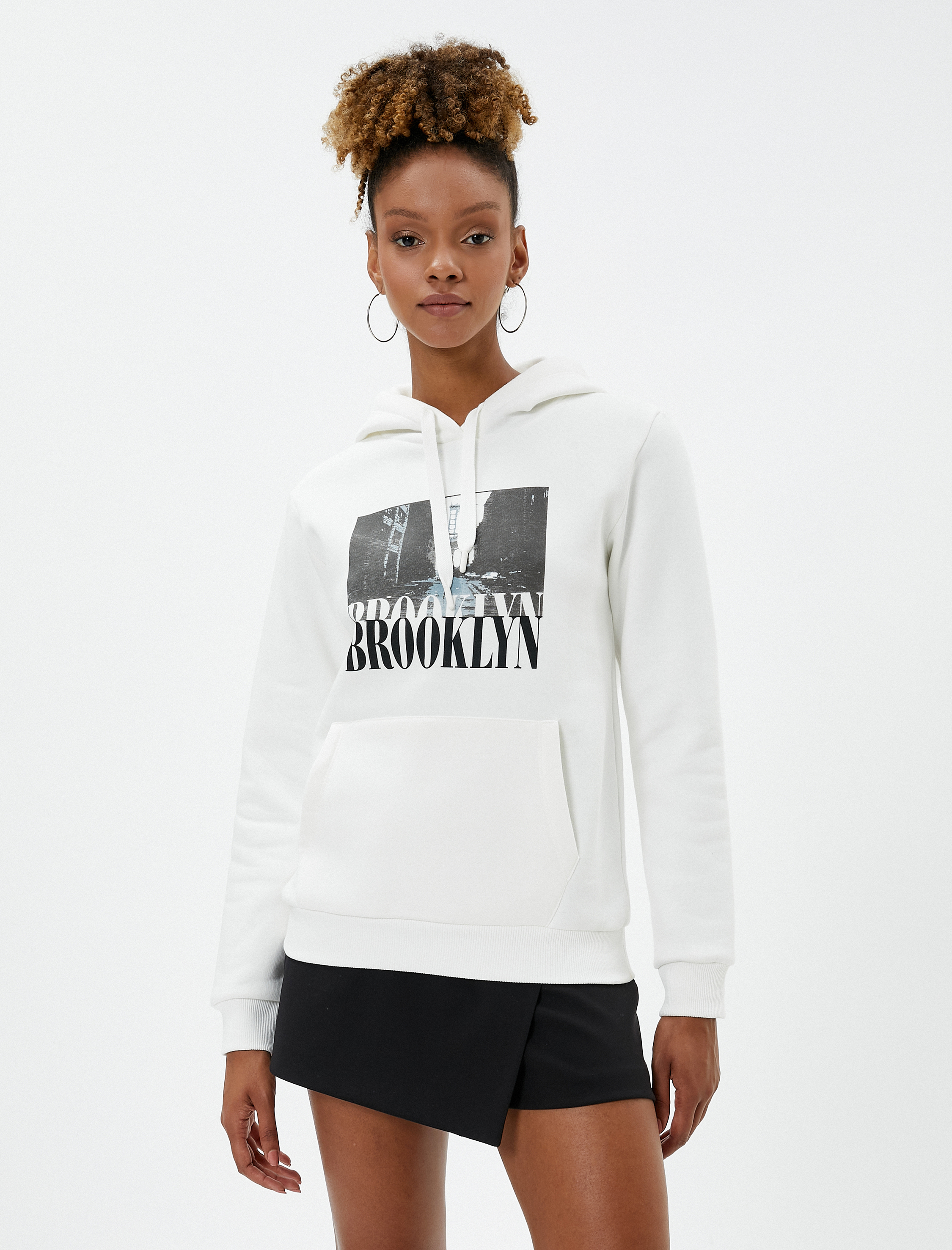   Şardonlu Kapüşonlu Sweatshirt Baskılı Kanguru Cepli Ribanalı Uzun Kollu