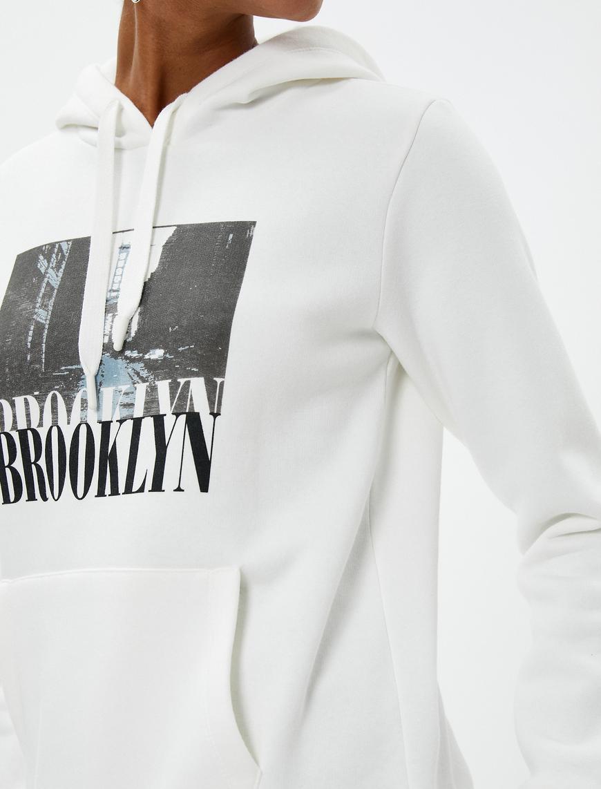   Kapüşonlu Sweatshirt Baskılı Kanguru Cepli Ribanalı Uzun Kollu