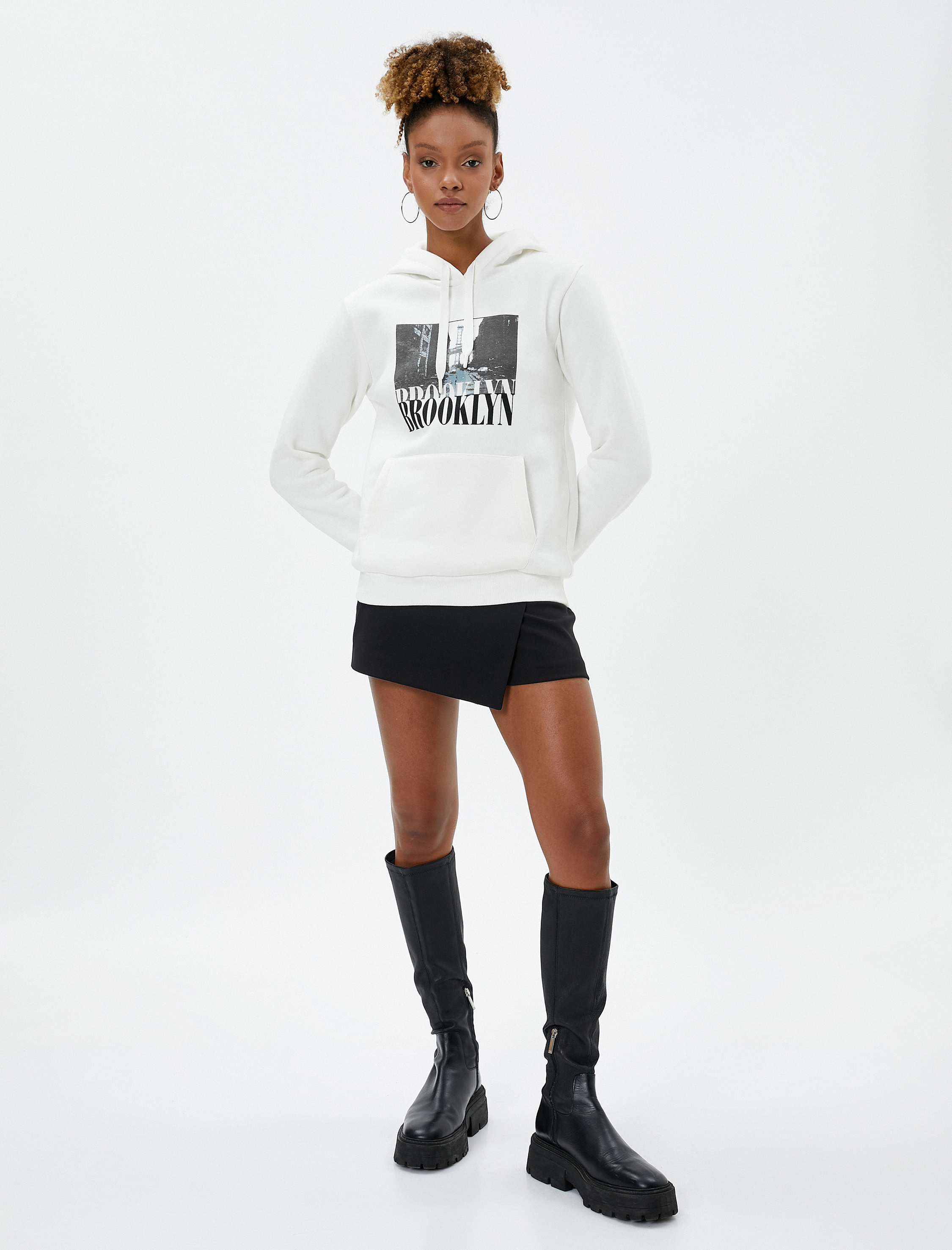   Şardonlu Kapüşonlu Sweatshirt Baskılı Kanguru Cepli Ribanalı Uzun Kollu