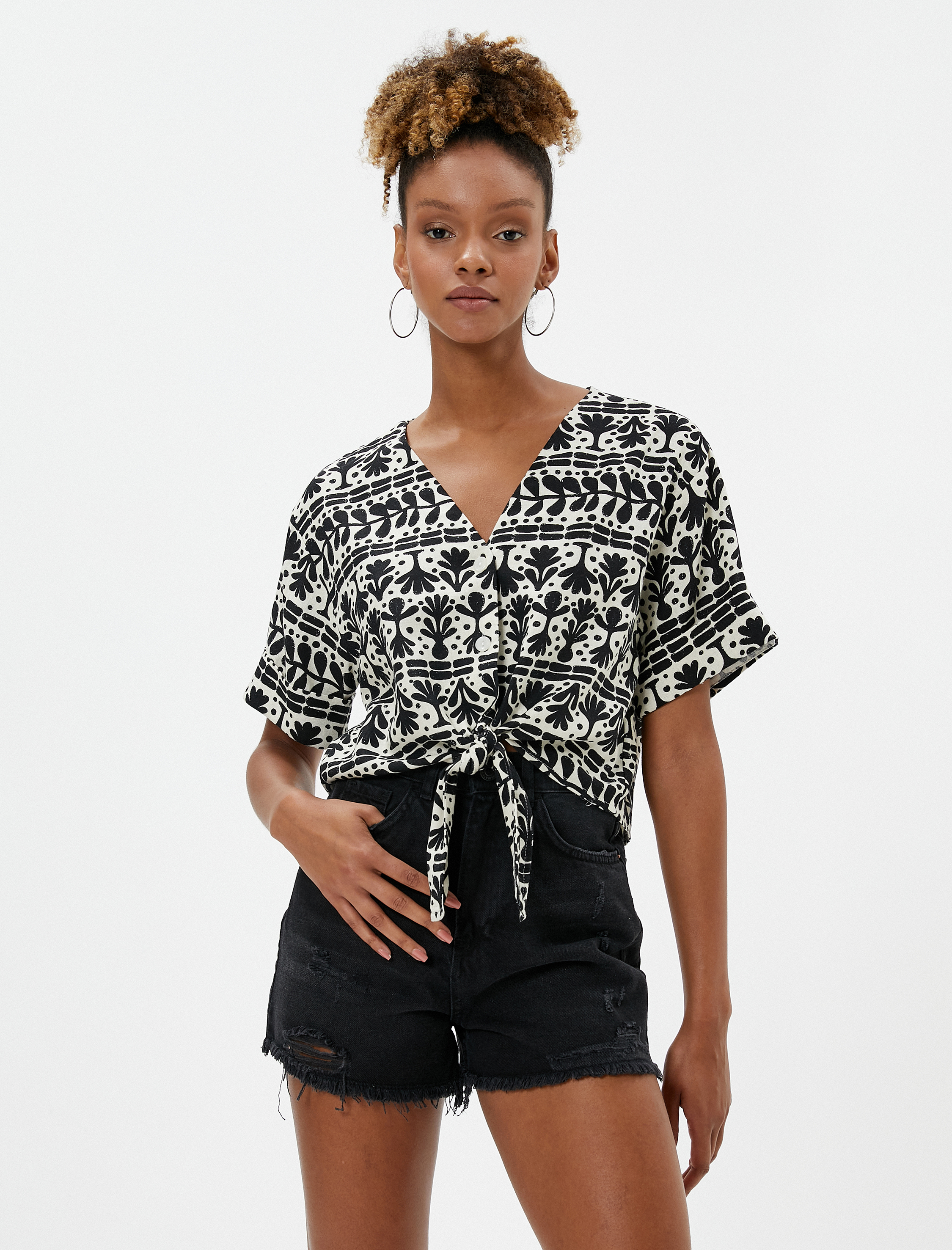   Crop Gömlek Önden Bağlamalı V Yaka Keten Karışımlı