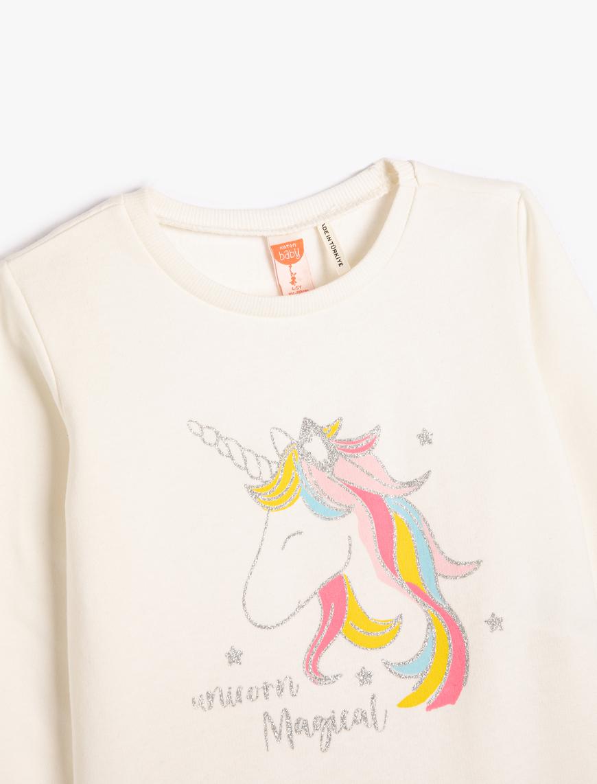  Kız Bebek Unicorn Sweatshirt Simli Uzun Kollu Bisiklet Yaka Pamuklu