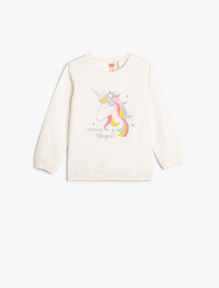  Kız Bebek Unicorn Sweatshirt Simli Uzun Kollu Bisiklet Yaka Pamuklu