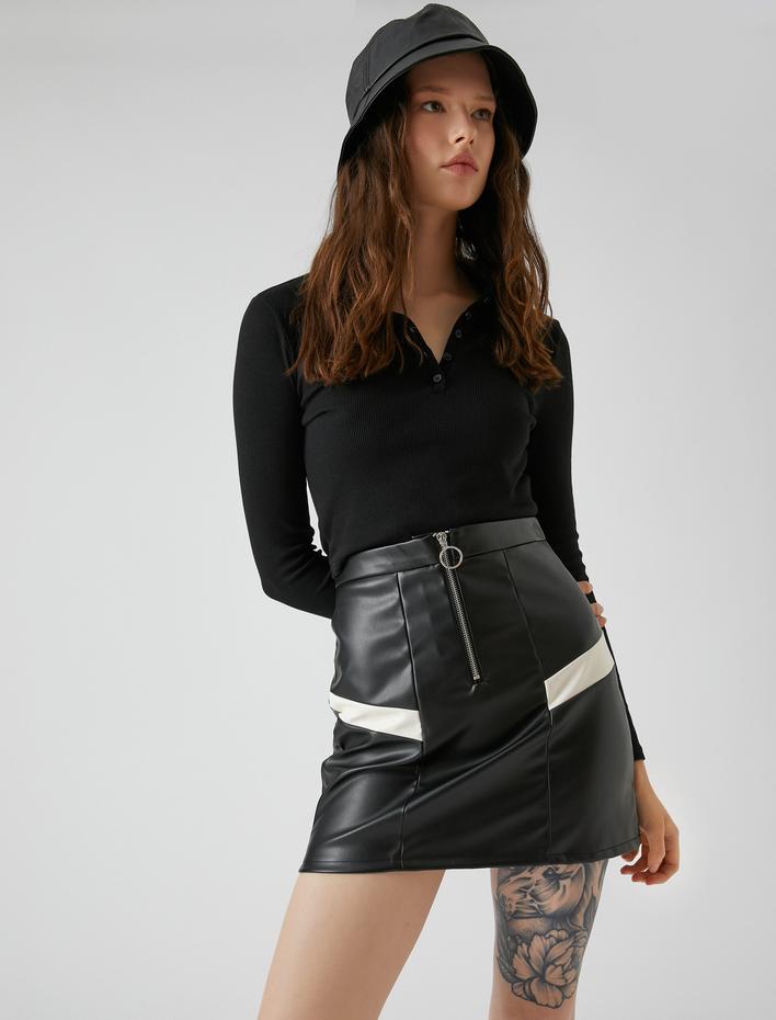  Polo Yaka Tişört Uzun Kollu Crop Düğmeli Fitilli