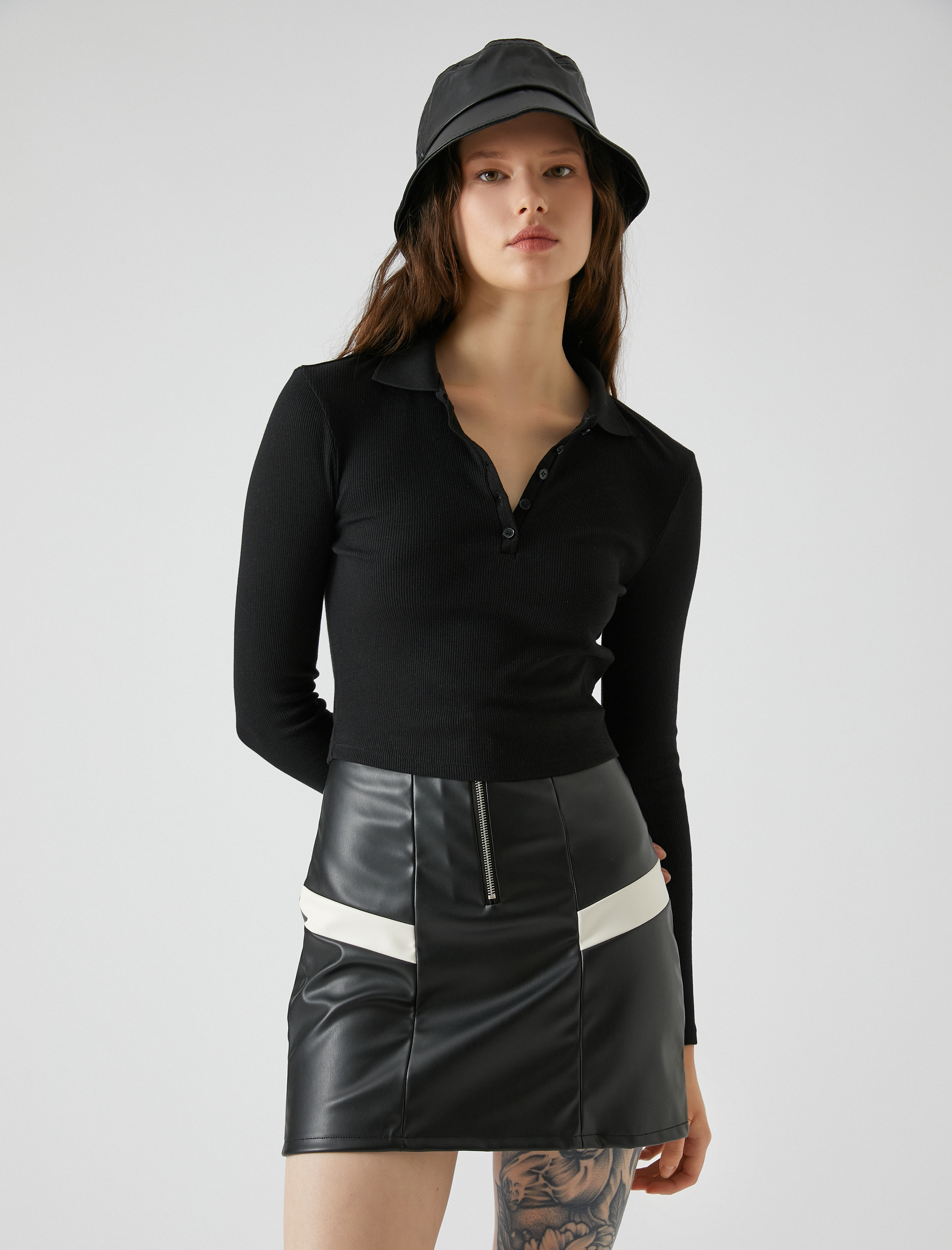   Polo Yaka Tişört Uzun Kollu Crop Düğmeli Fitilli