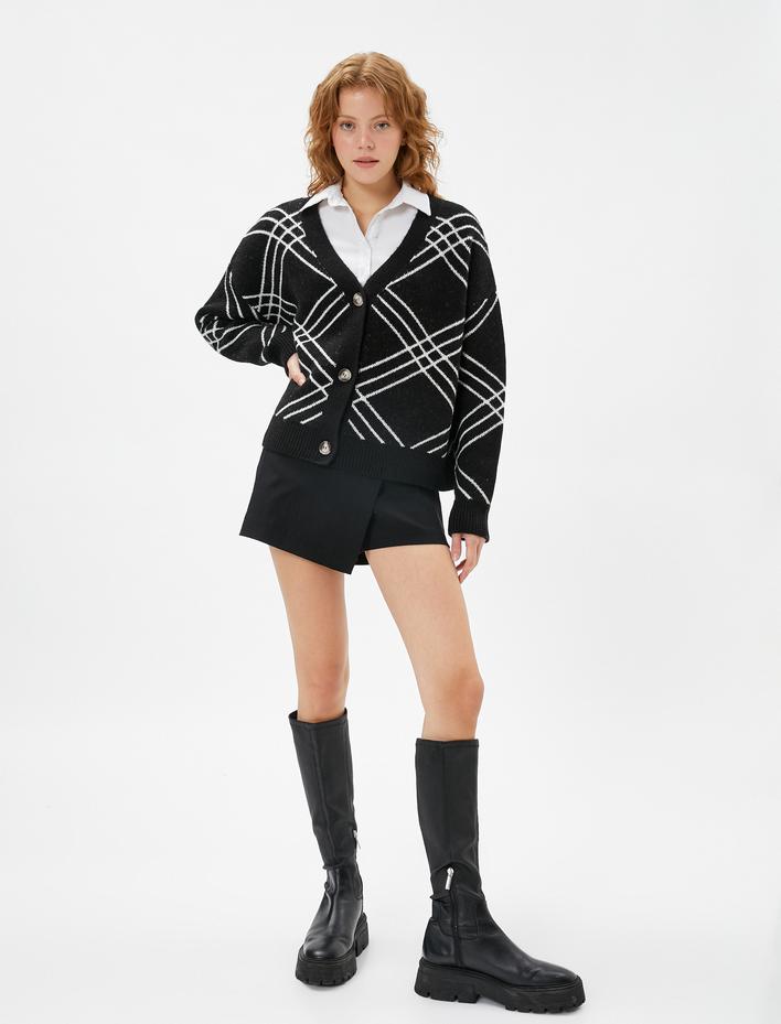  Örgü Hırka V Yaka Ribanalı Düğmeli Uzun Kollu