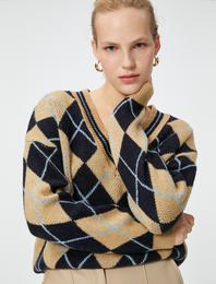 Oversize Baklava Desen Triko Kazak V Yaka