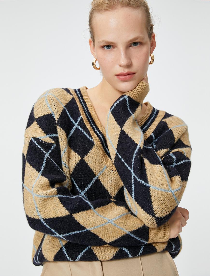   Oversize Baklava Desen Triko Kazak V Yaka