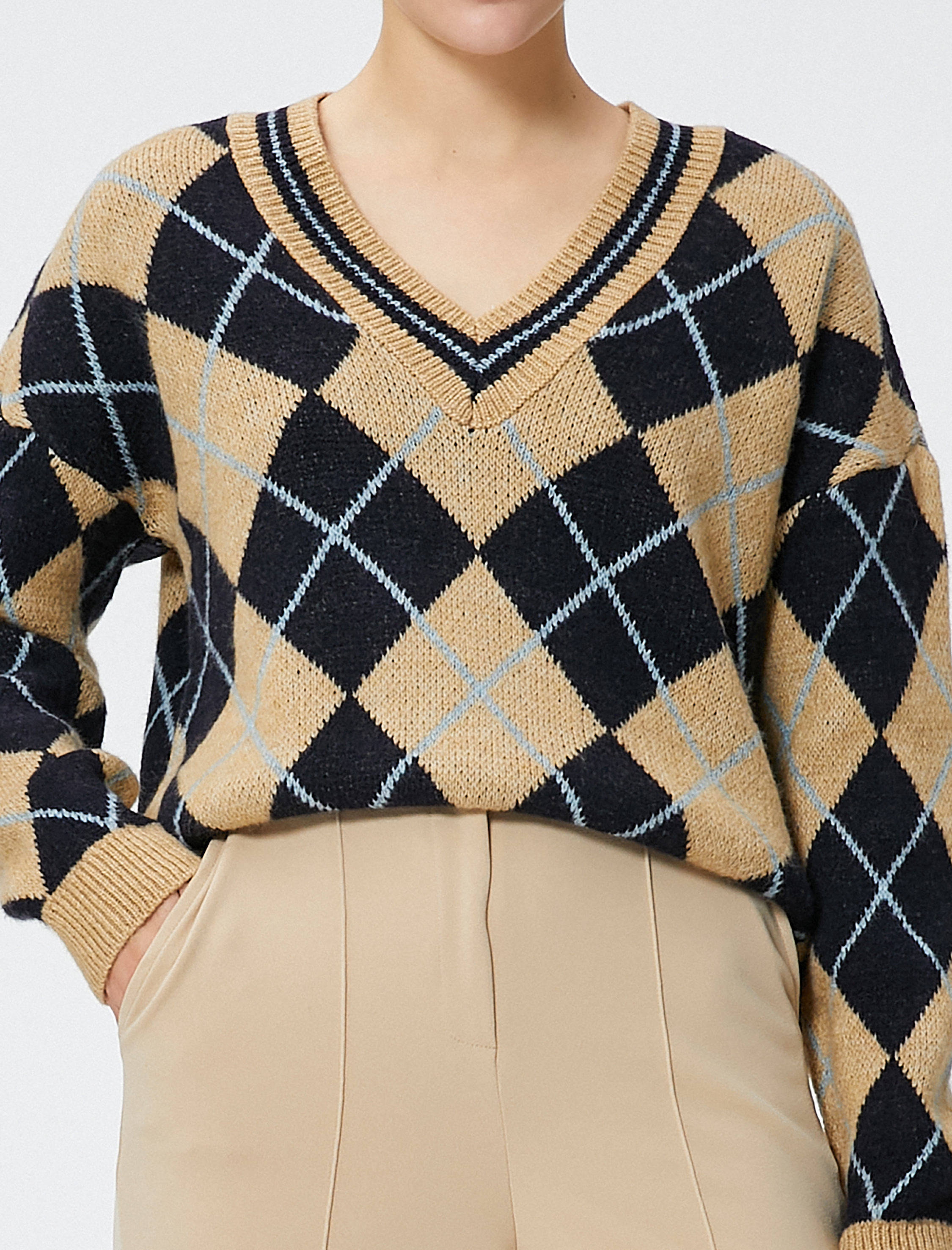   Oversize Baklava Desen Triko Kazak V Yaka