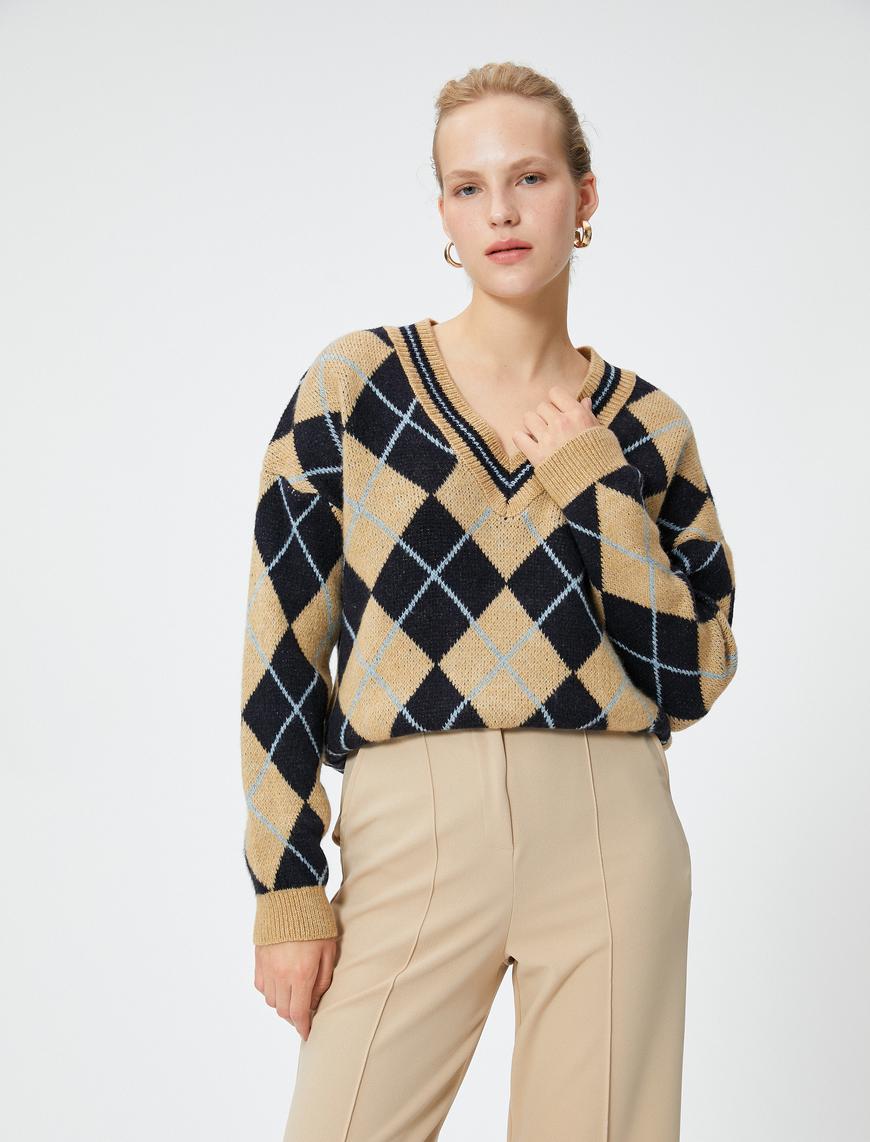   Oversize Baklava Desen Triko Kazak V Yaka