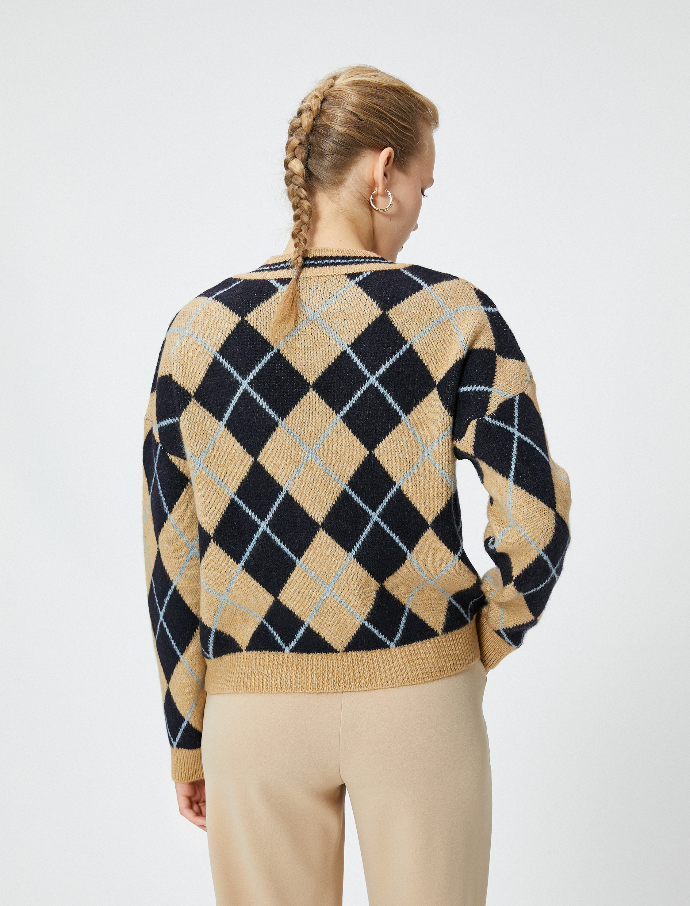   Oversize Baklava Desen Triko Kazak V Yaka