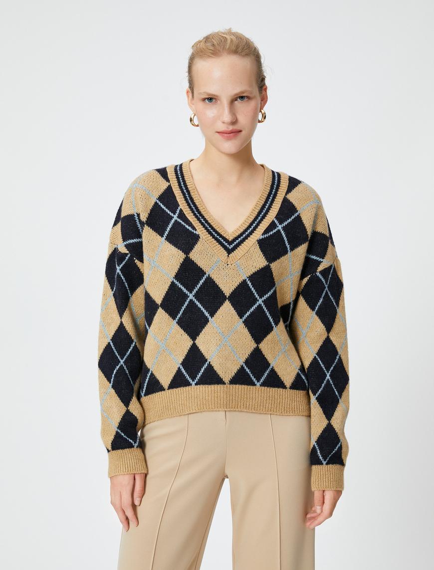  Oversize Baklava Desen Triko Kazak V Yaka