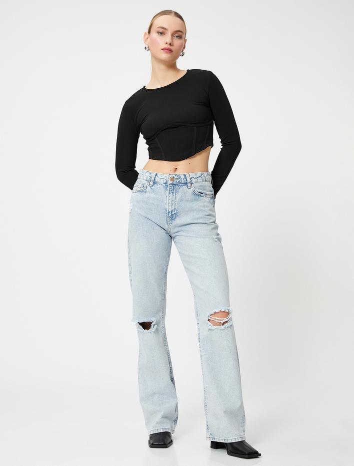  Korse Detaylı Crop Tişört Uzun Kollu