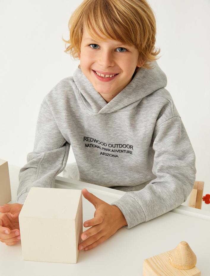 Erkek Çocuk Kapşonlu Sweatshirt Arkası Manzara Baskılı Önü İşleme Detaylı Şardonlu