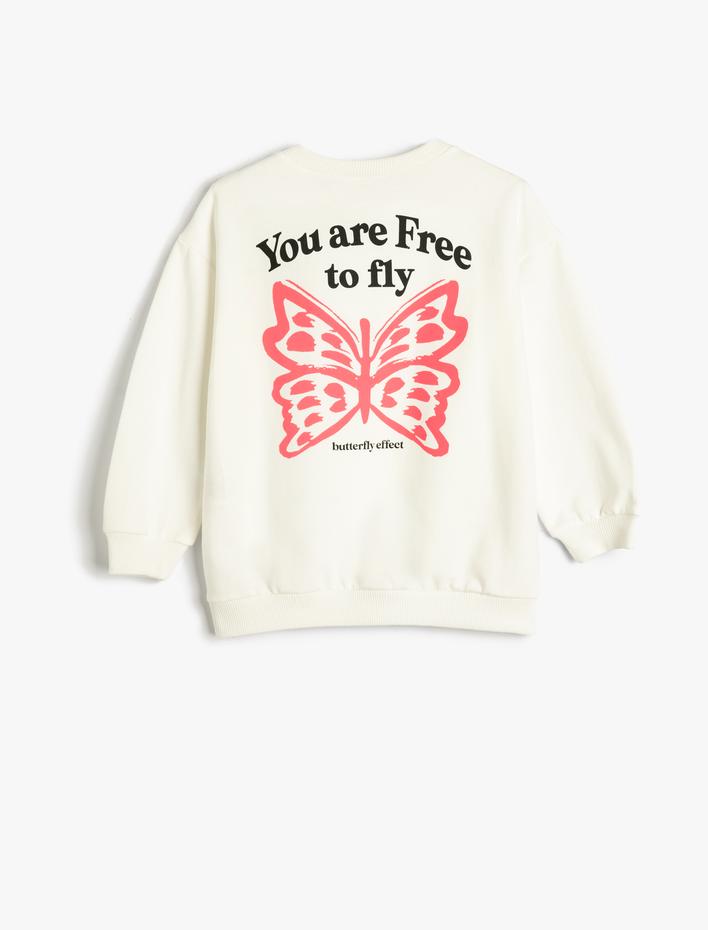 Kız Çocuk Kelebekli Sweatshirt Uzun Kollu Bisiklet Yaka Şardonlu
