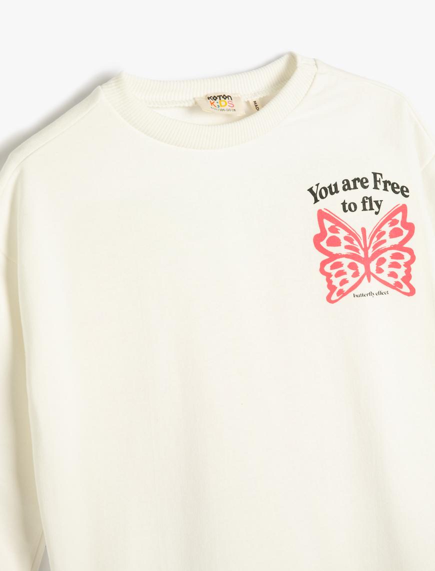  Kız Çocuk Kelebekli Sweatshirt Uzun Kollu Bisiklet Yaka Şardonlu