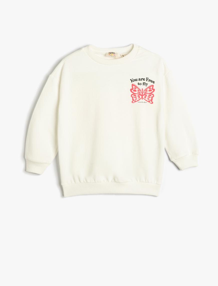  Kız Çocuk Kelebekli Sweatshirt Uzun Kollu Bisiklet Yaka Şardonlu