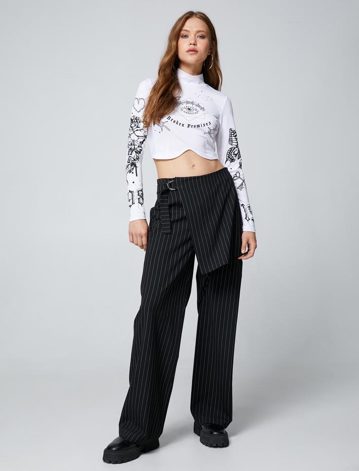  Crop Tişört Uzun Kollu Baskılı Yarım Balıkçı Yaka