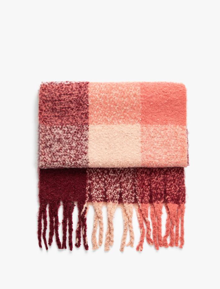 Kadın Ekose Atkı Yumuşak Dokulu Püsküllü