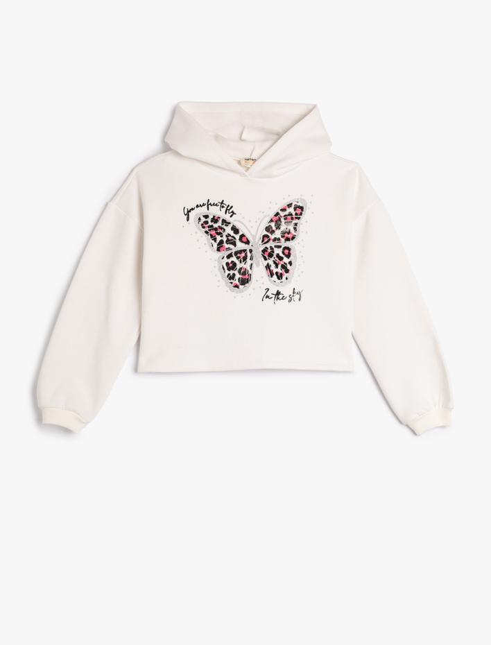 Kız Çocuk Kapşonlu Crop Sweatshirt Şardonlu Kelebek Baskılı