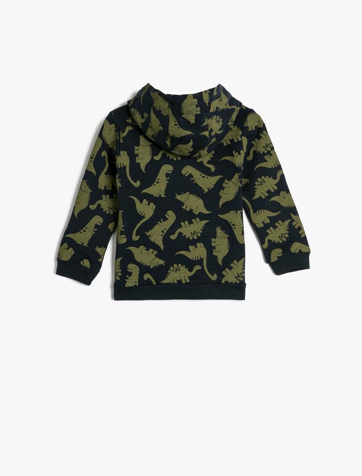 Erkek Bebek Kapşonlu Sweatshirt Şardonlu Dinozor Baskılı Pamuklu